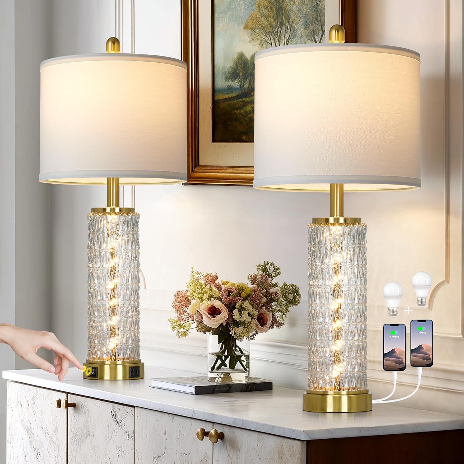 Gold Glass Table Lamps 28inches set of 2