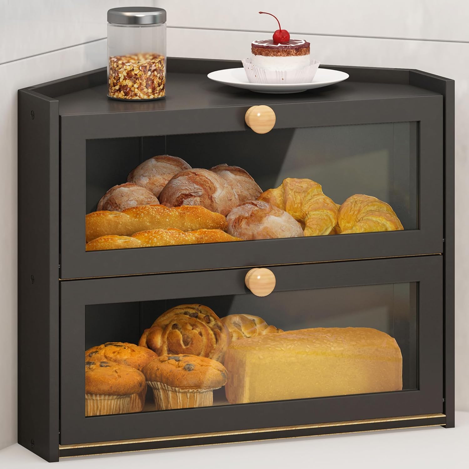 JANSNIMEN Black Corner Bread Box for Kitchen Countertop, Large Bread Container Storage Bamboo Wooden Farmhouse Bread Box with Window Bread Holder