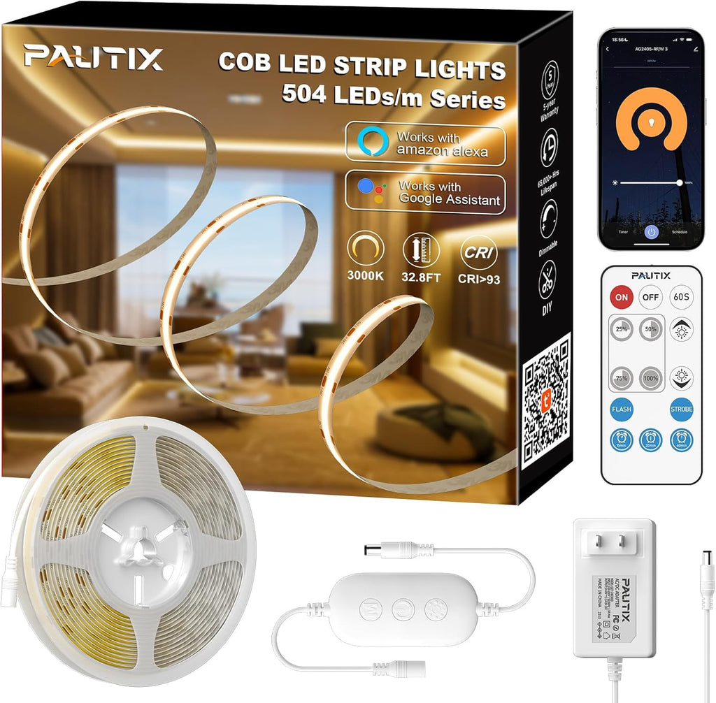 PAUTIX White LED Strip Lights 3000K,Dimmable cob led 32.8ft/10m DC24V Warm White LED Strip Lights,High Lumen Tape Lights Kit,Work with Alexa/Google Assistant for Home, Kitchen DIY Lighting