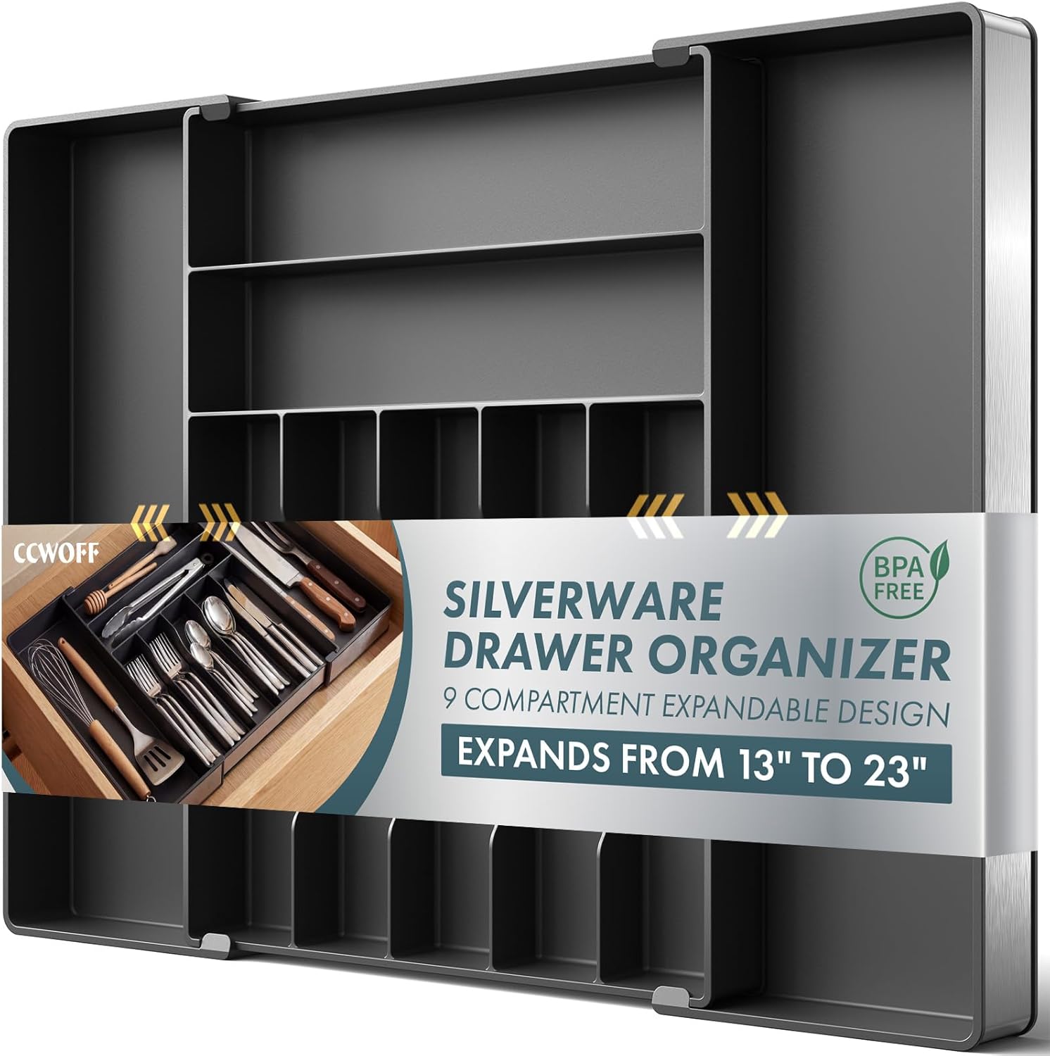 Extra Large Silverware Organizer, 9 Slot Expandable Kitchen Drawer Organizer