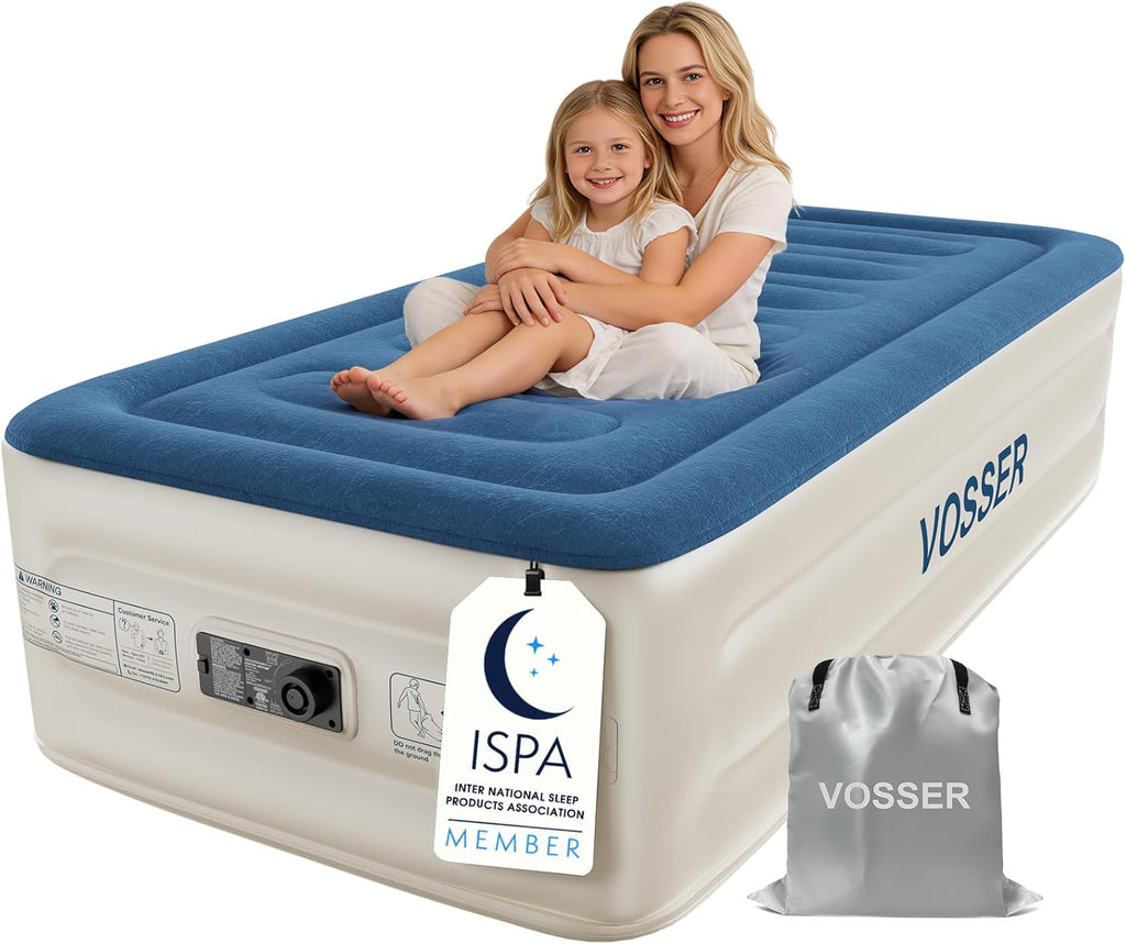 VOSSER Twin Air Mattress with Built-in Pump,Fast & Easy Inflation/Deflation Inflatable Mattress, Foldable Blow Up Mattress with Storage Bag, Inflatable Bed for Home, Camping & Guests