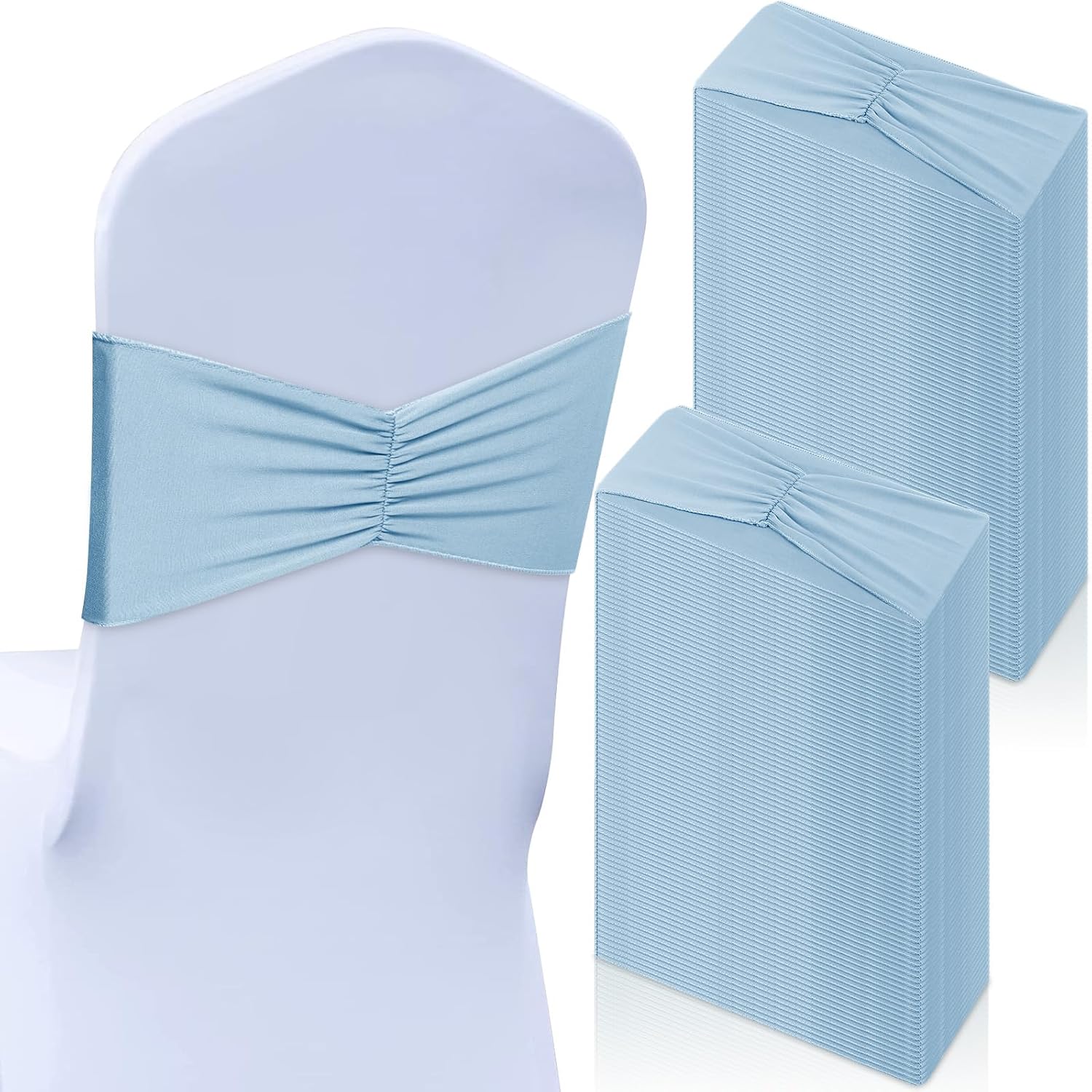 Moukeren 50 Pcs Spandex Chair Sashes Bows Decorations(Sky Blue)
