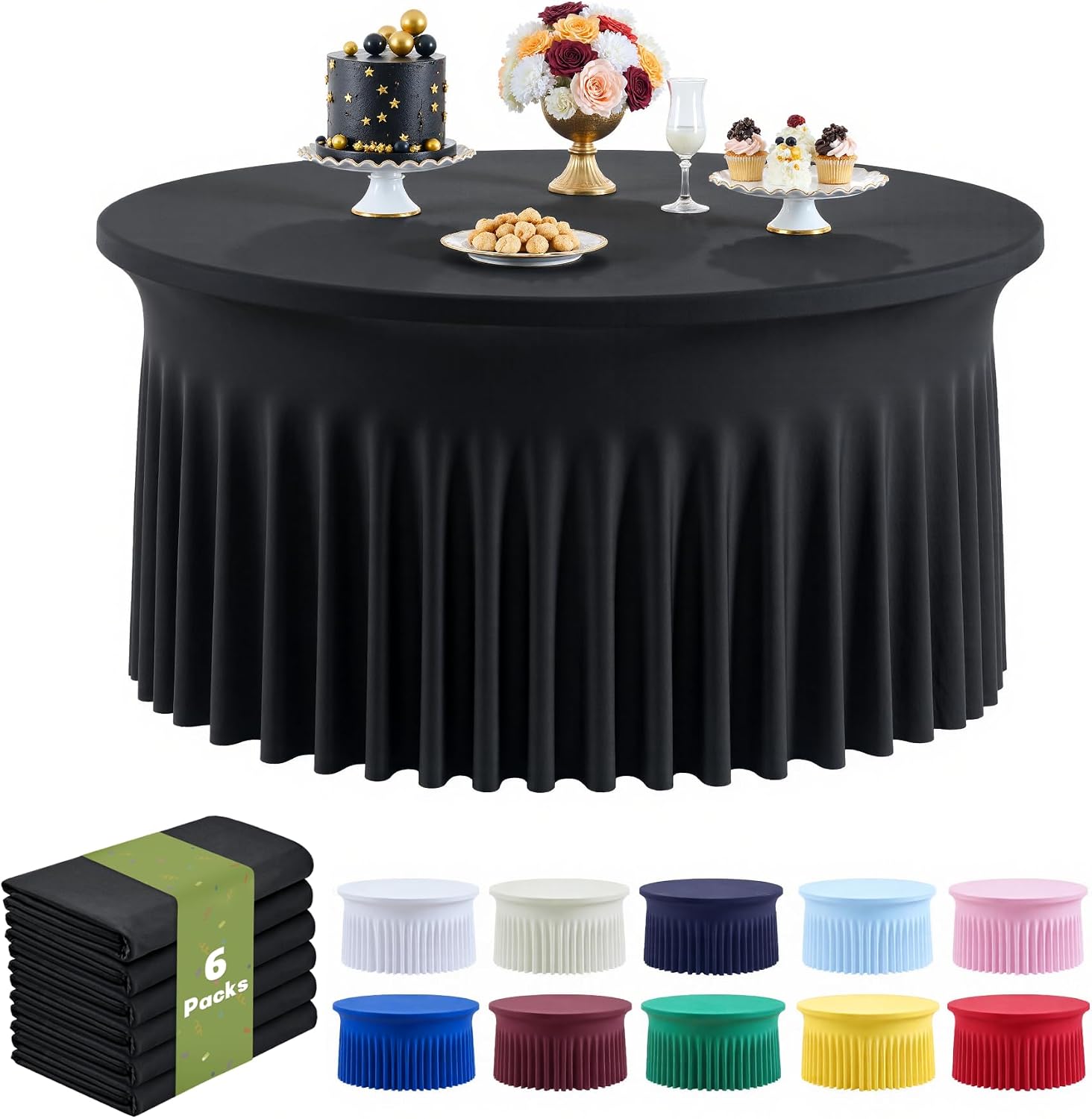 6-Pack Black Round Spandex Tablecloths.