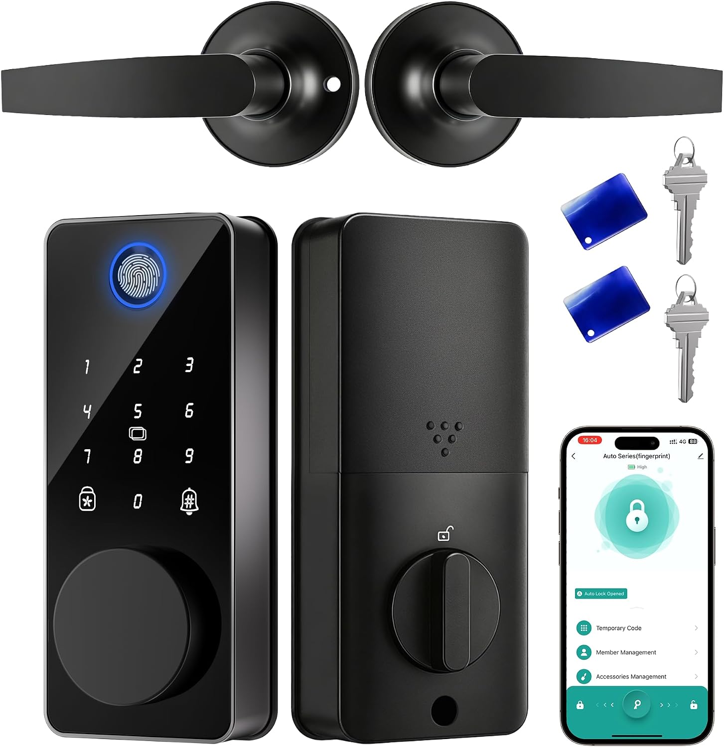 Smart Lock with 2 Lever Handle Set, Fingerprint Keyless Entry Door Lock.