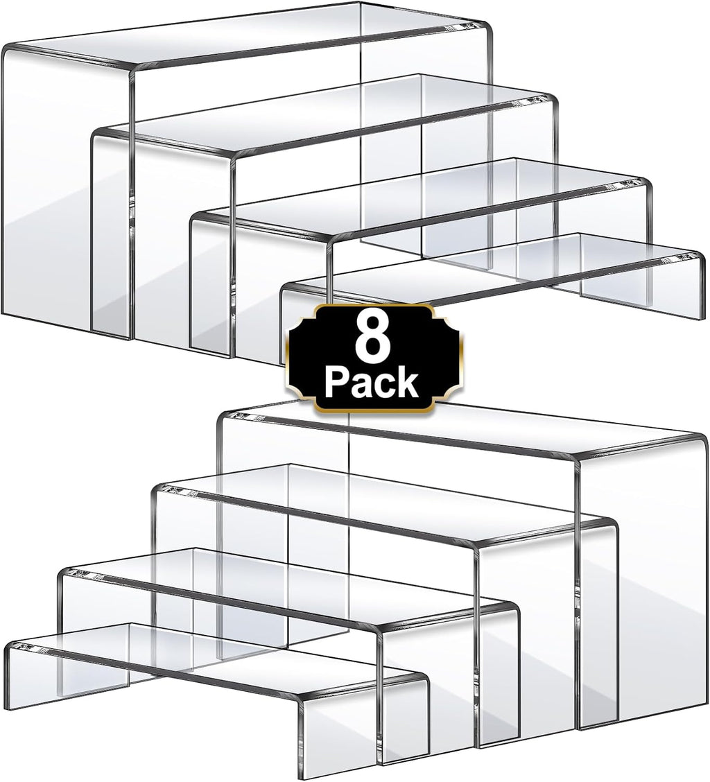Aheroi Large Acrylic Risers, 8 Pcs 2 Set(7â€L~8â€L~9â€L) Acrylic Display Set Rectangular Stands Shelf Clear Display Risers for Decor, Cake Shelves Retail Shoe Showcase