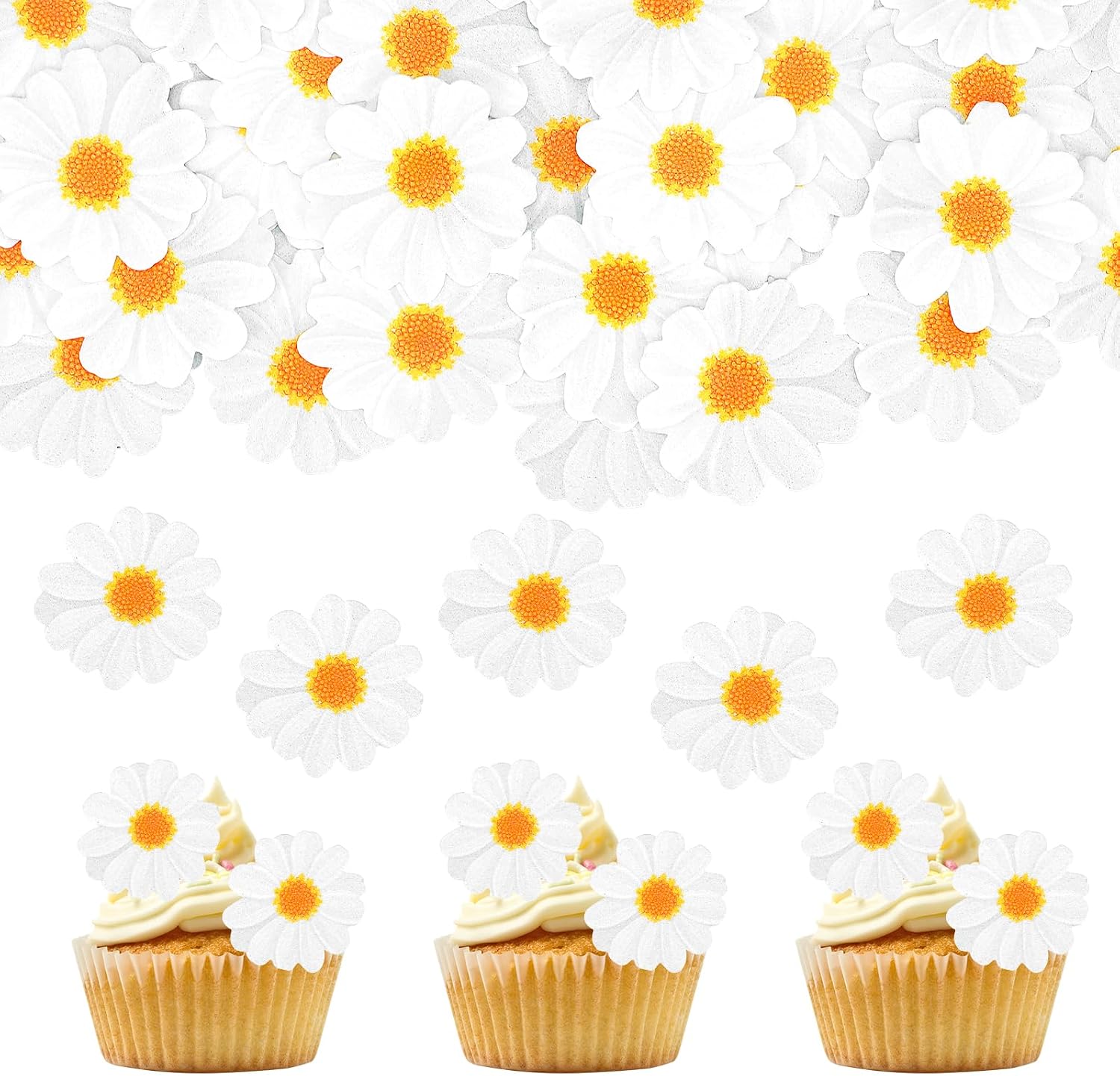 40Pcs Daisy Cake Decorations Edible Flower Cupcake Toppers Wafer Paper Edible Cake Decor White Daisy Flower Cupcake Picks for Birthday Wedding Bridal Baby Shower Party Decoration Supplies