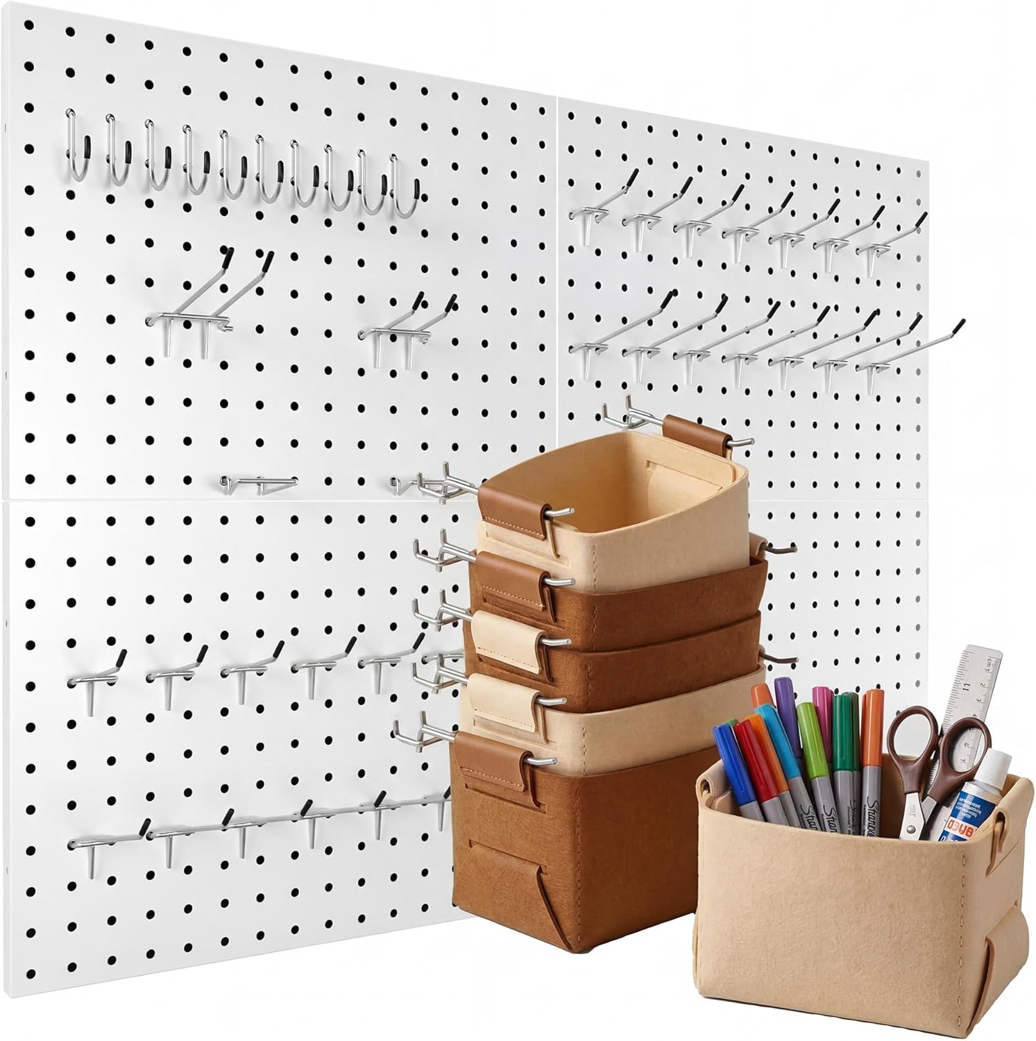 Peg Board, 4 Pack Metal PegBoard Organizer with Accessories, White Pegboard Panels with 50 Pcs Hooks and Baskets, Wall Organizer for Office, Craft Room Organization, Garage, Sewing Room