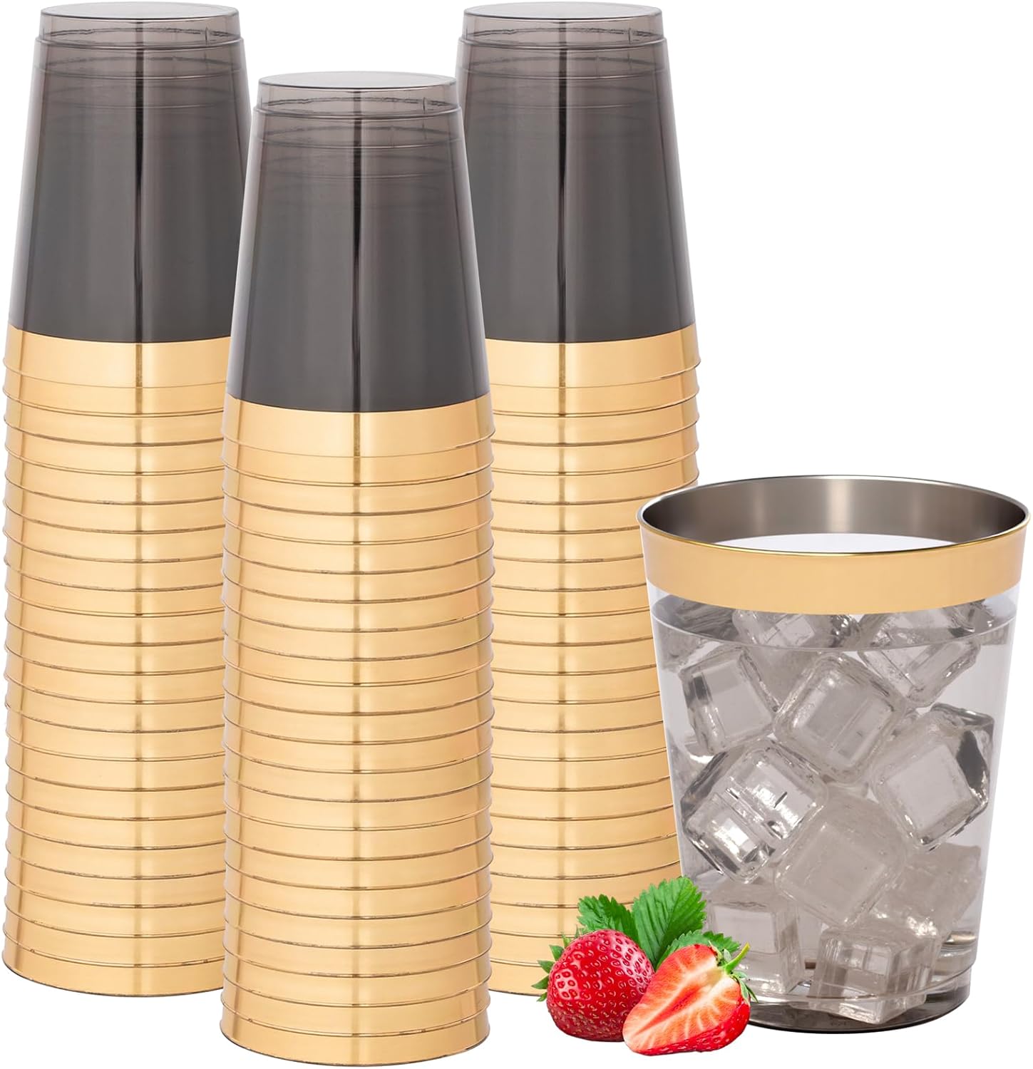 supernal 200 Pcs Gold and Black Plastic Cups,10Oz Gold Rimmed