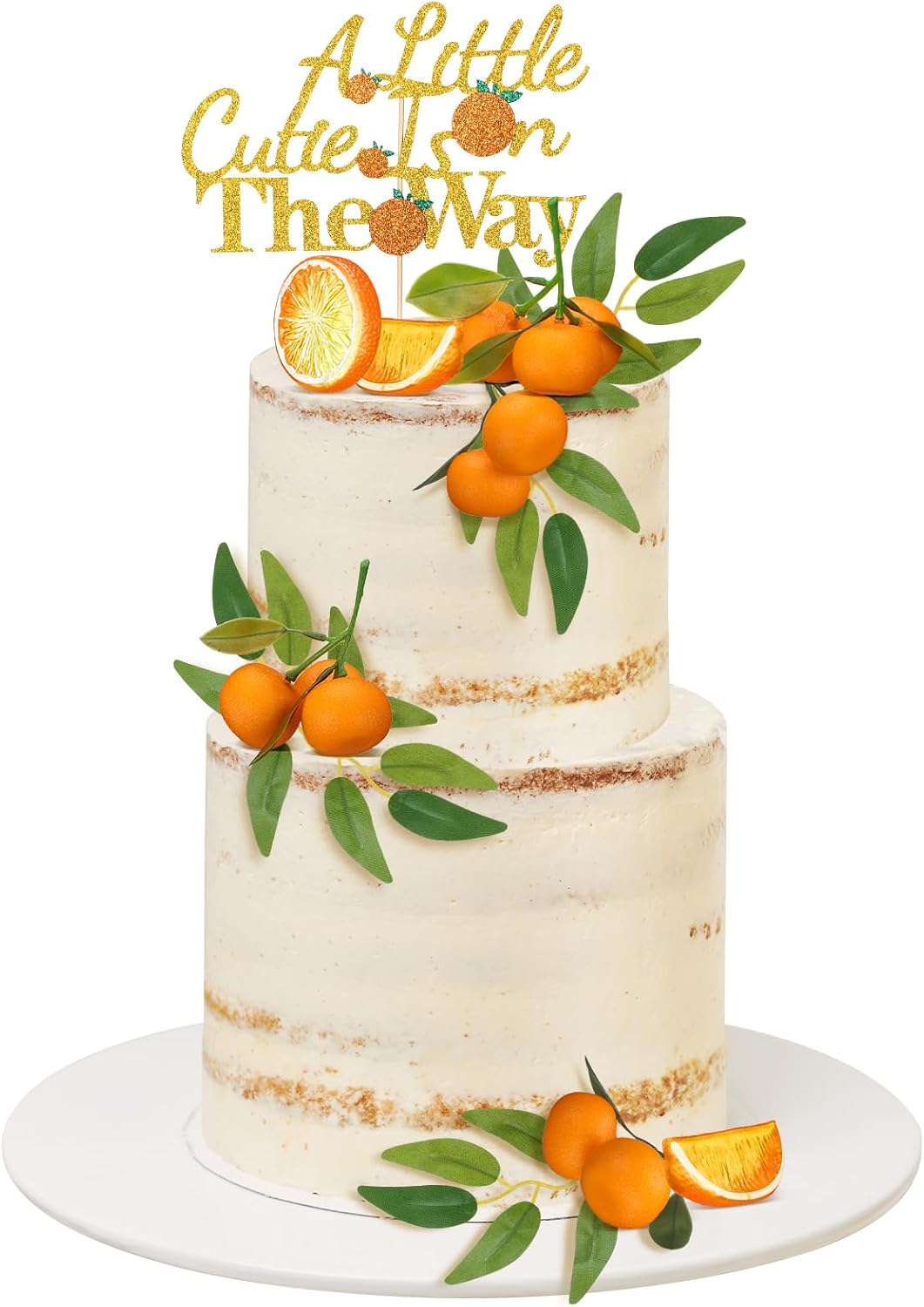 15 Pcs Little Cutie Is on the Way Cake Topper Set Glitter Orange Cake Topper and Simulation Citrus Decorations for Citrus Birthday Party Gender Reveal Fruit Party Supplies