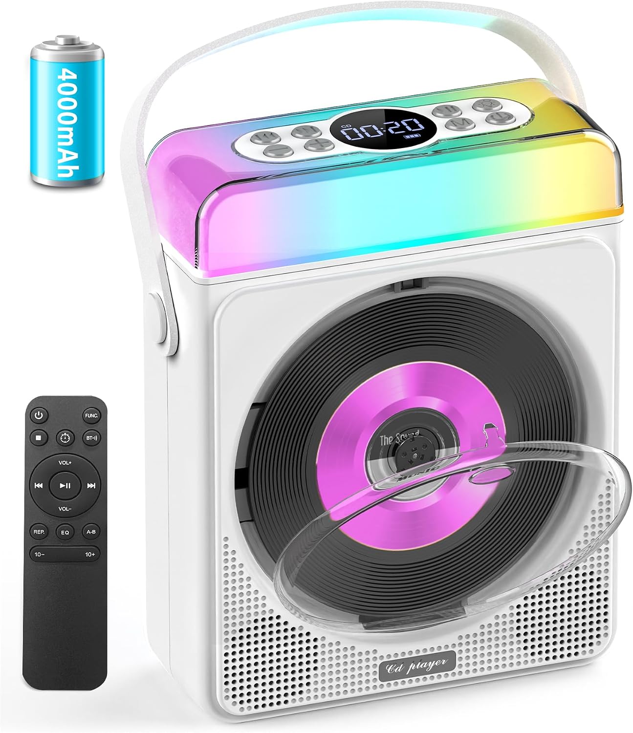 Portable CD Player with Bluetooth & RGB Lights, 4000mAh Rechargeable Personal CD Player