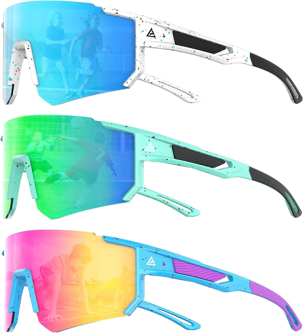 QALLY 3 Pack Kids Sunglasses Youth Baseball Sunglasses for Boys Girls Age 4-14, Cycling Softball Running UV400 Protection Sports