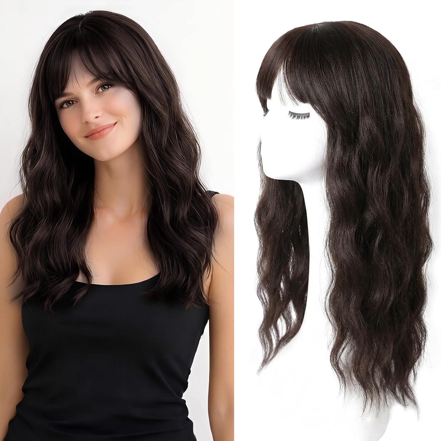 Kmzbasg Hair Toppers for Women with Thinning Hair 20 Inches Long Wave 360 3D Synthetic Clip in Topper Hairpieces with French Bangs 7x7 Inches Base Adds Volume and Natural Coverage