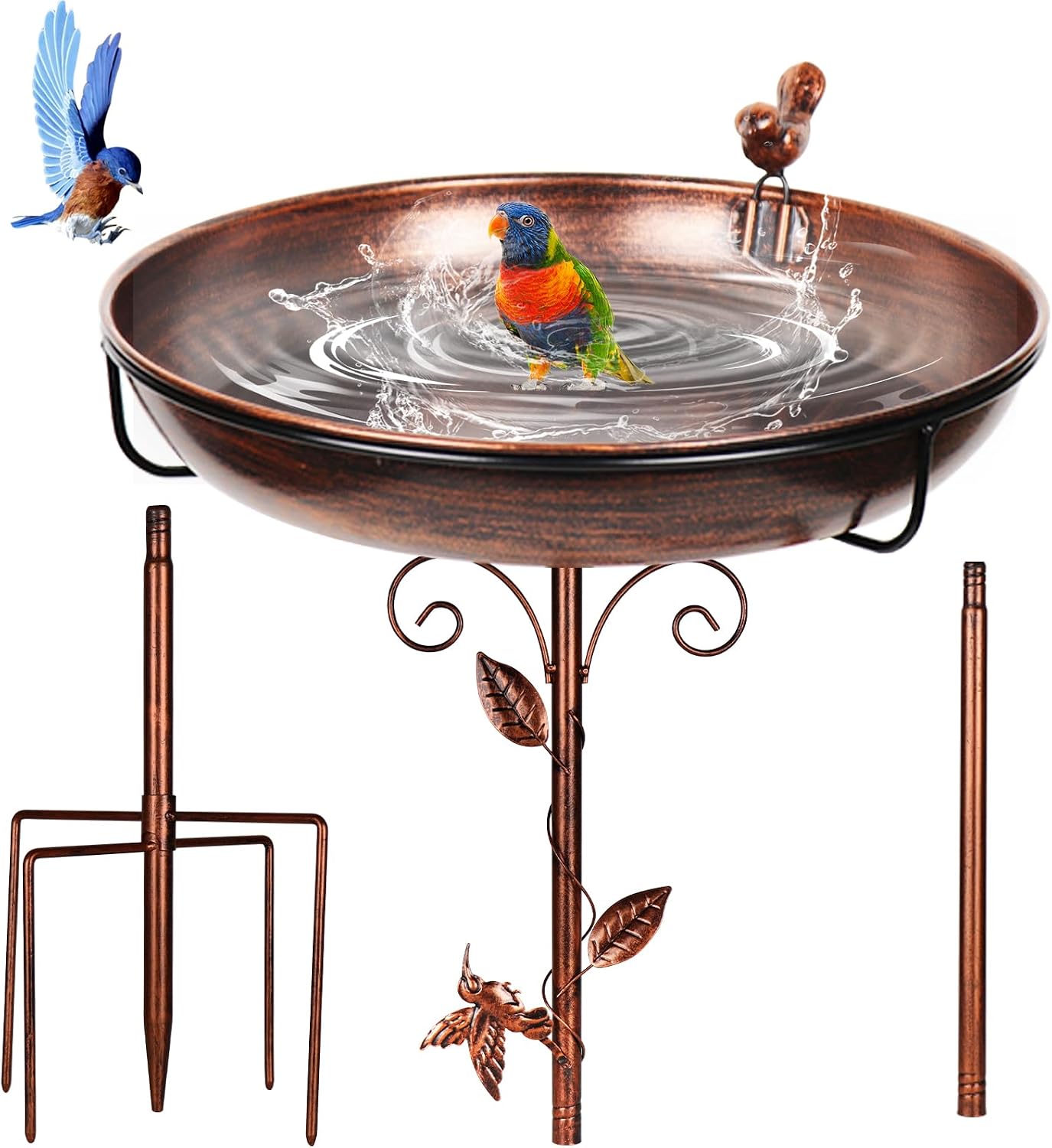 GRECOMEIN Bird Bath for Outside, 2 Bird Decor, Hummingbird on Pole & Sparrow on Bowl, 38.5 Inch Height Garden Birdbaths, 12 Inch Antique Bronze Freestanding Birdfeeder Bath for Yard Patio