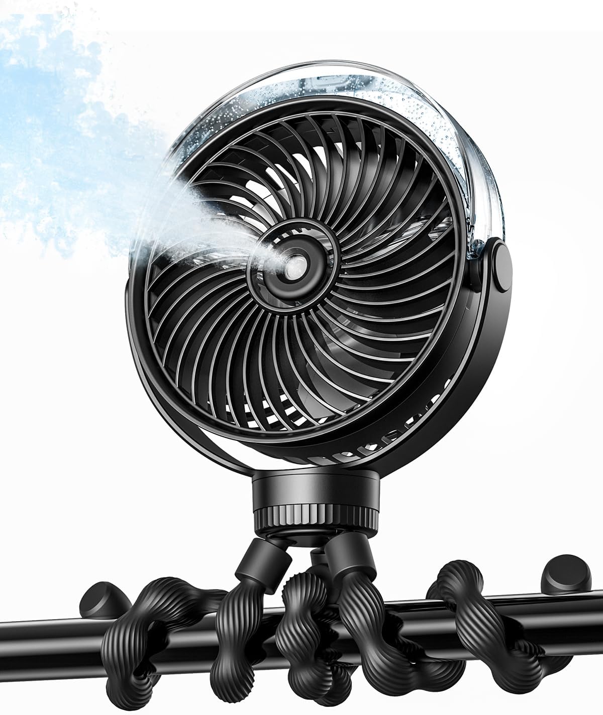 SWEETFULL Misting Stroller Fan“ Portable Baby Fan with Spray Cooling, 4 Speeds, Quiet Rechargeable Fans for Travel, Outdoor, Golf Cart, Car Seat, Beach (Black)