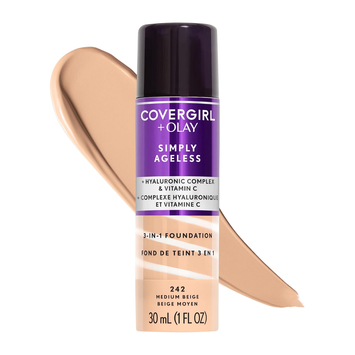 COVERGIRL & Olay Simply Ageless 3-in-1 Liquid Foundation, Matte Finish, Hyaluronic & Vitamin C Formula, 242 Medium Beige, 1 Count