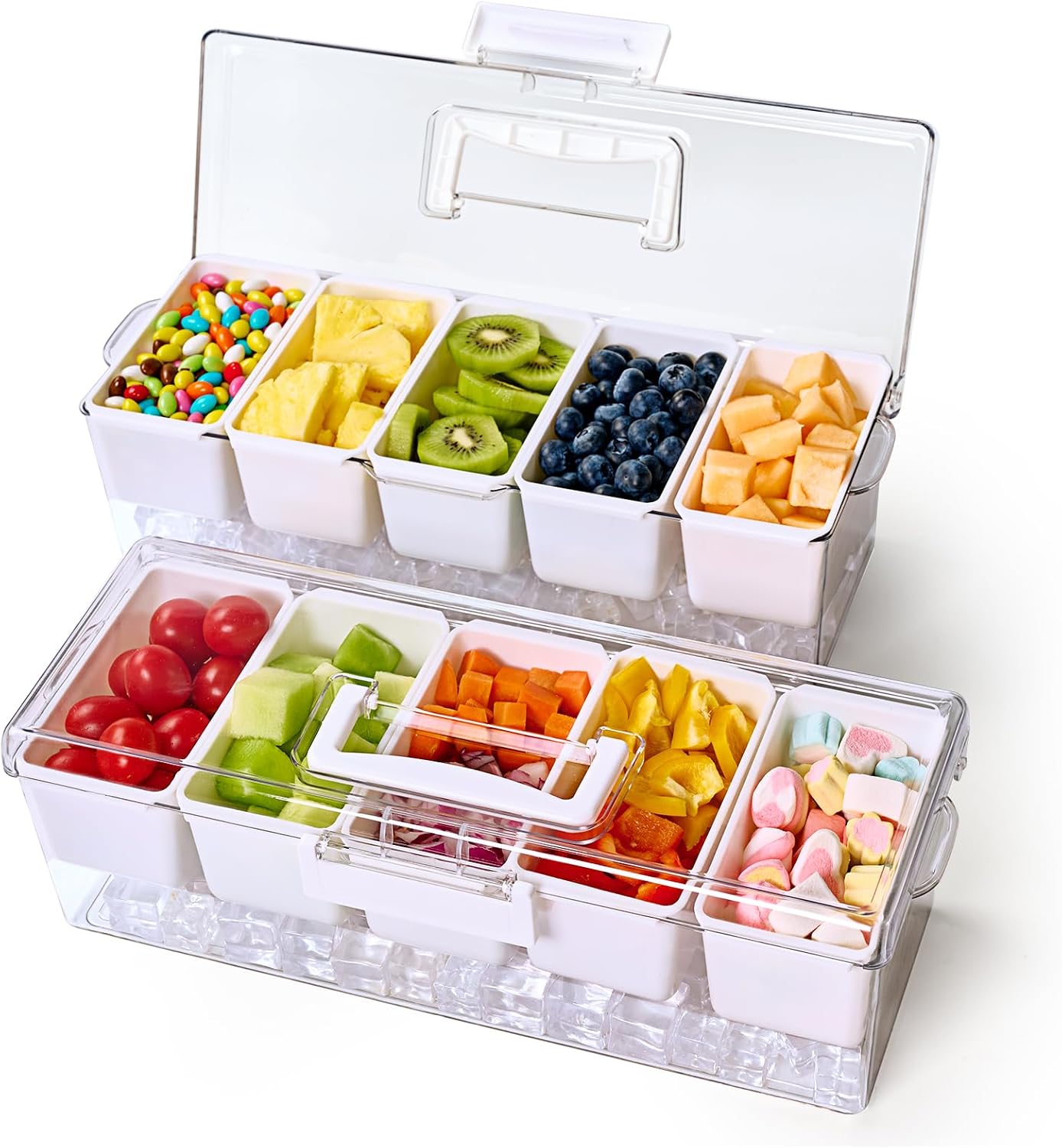 Luckore 2 Pack Chilled Condiment Tray Server with 5 Removable Small Compartments Containers & Hidden Handle Design, Ice Chilled Condiment Organizer, Garnish Serving Tray for Camping, Fruit, Salad
