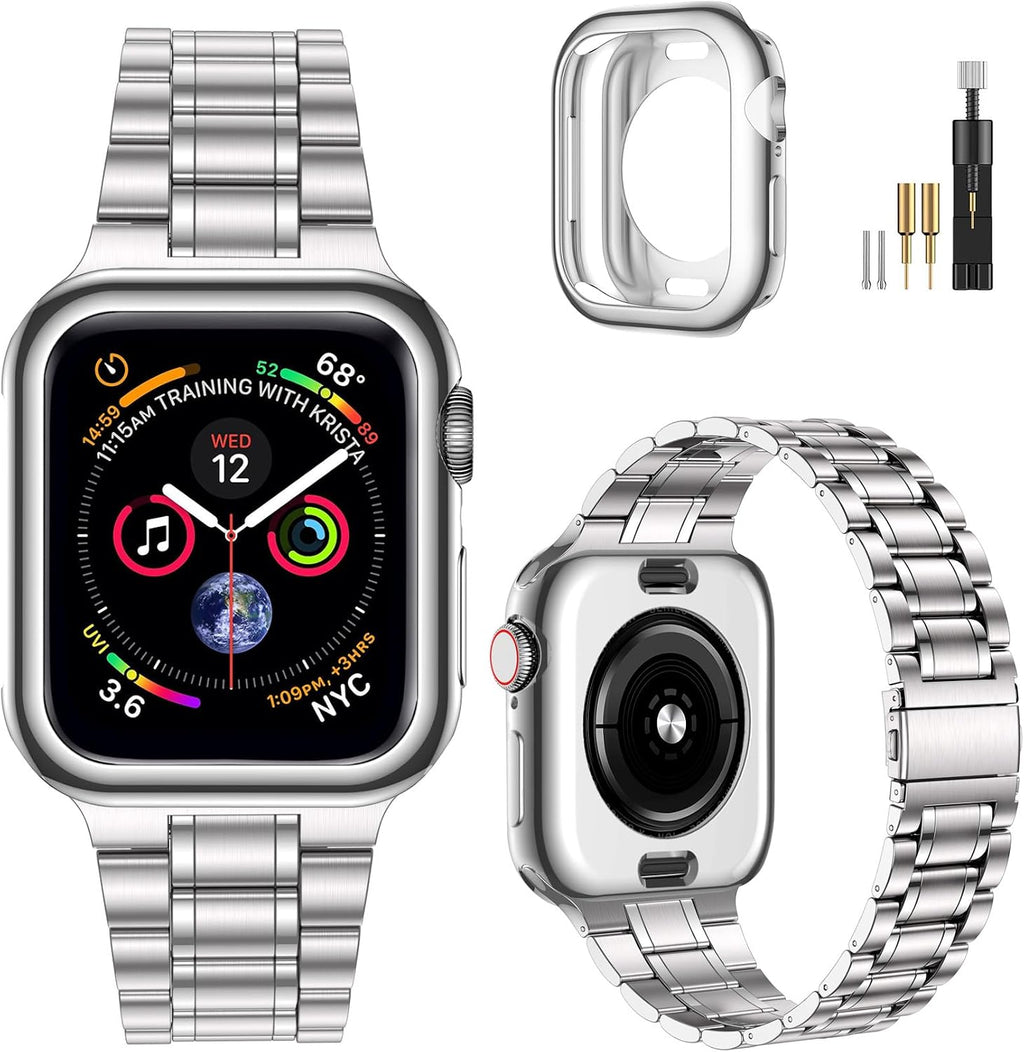 MioHHR Solid Stainless Steel Band Compatible with Apple Watch 46mm (Series 11 10), Metal Strap with Soft TPU Case for iWatch Series 11/10 46mm Women and Men, Silver