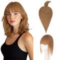 Hairro Mono Hair Toppers with Bangs, 3.4" x 3.4" Mono Base 100% Real Human Hairpieces for Women, 150% Density Clips In Topper for Greyish Thinning Hair, 10 Inch Golden Brown Mix Bleach Blonde