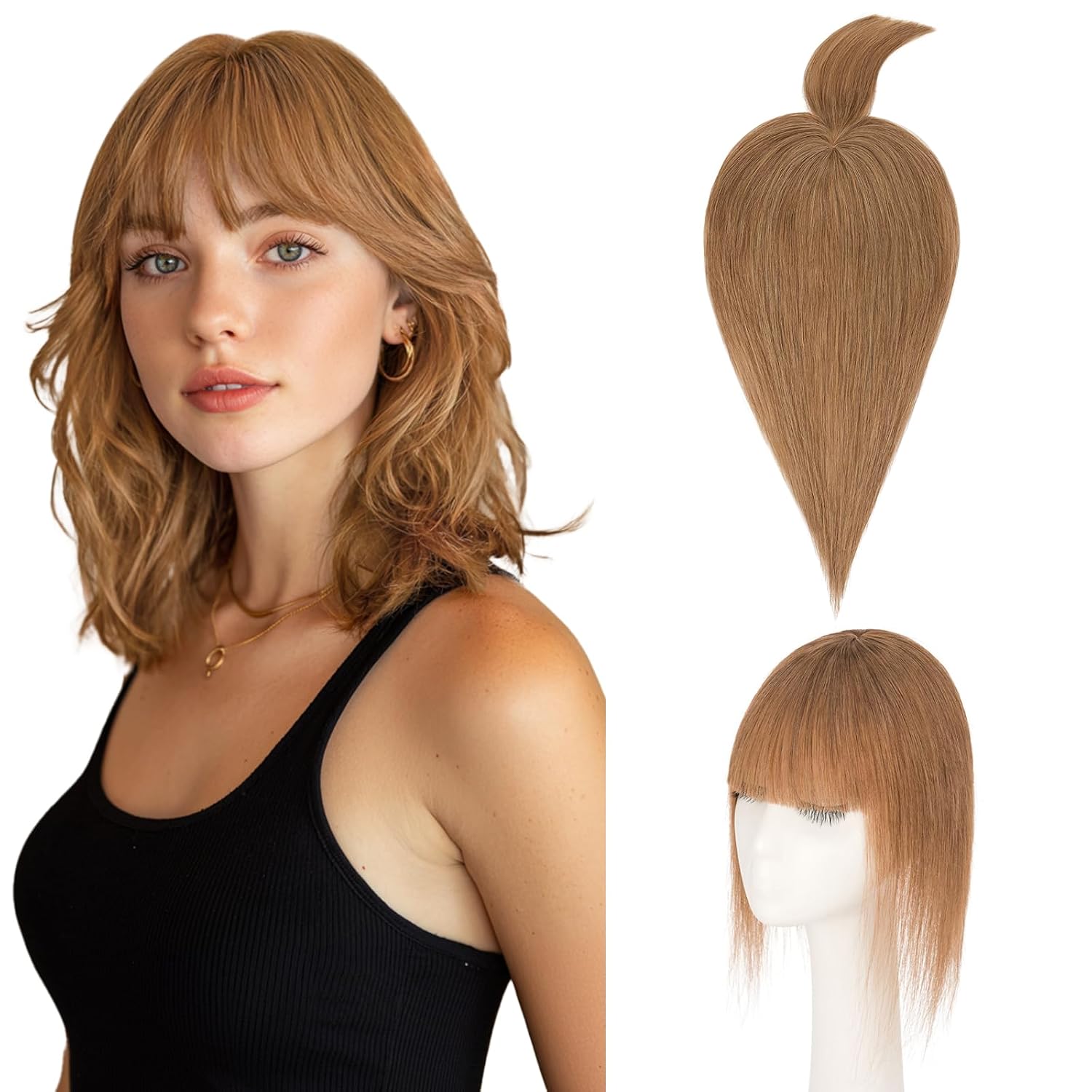 Hairro Mono Hair Toppers with Bangs, 3.4" x 3.4" Mono Base 100% Real Human Hairpieces for Women, 150% Density Clips In Topper for Greyish Thinning Hair, 10 Inch Golden Brown Mix Bleach Blonde