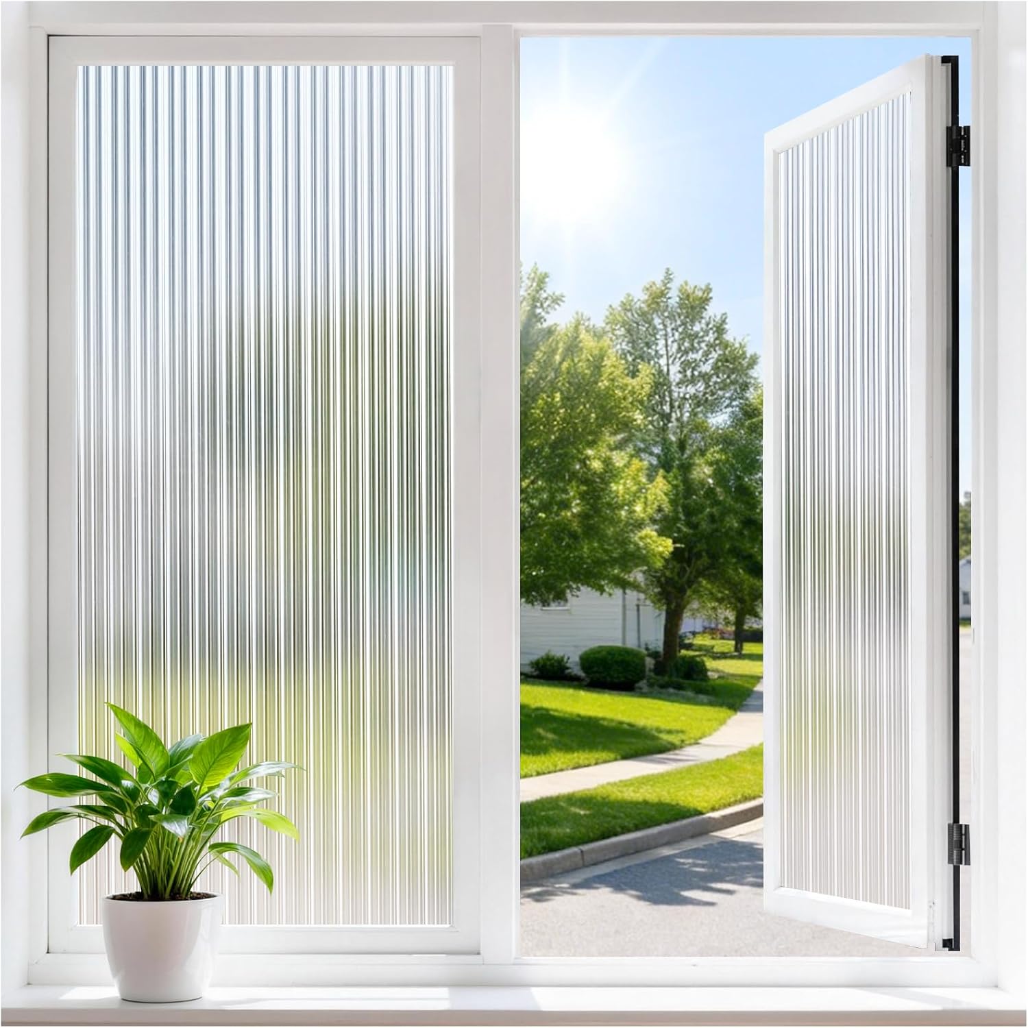 Haton Reeded Glass Window Privacy Film, Static Cling Non-Adhesive Frosted Film