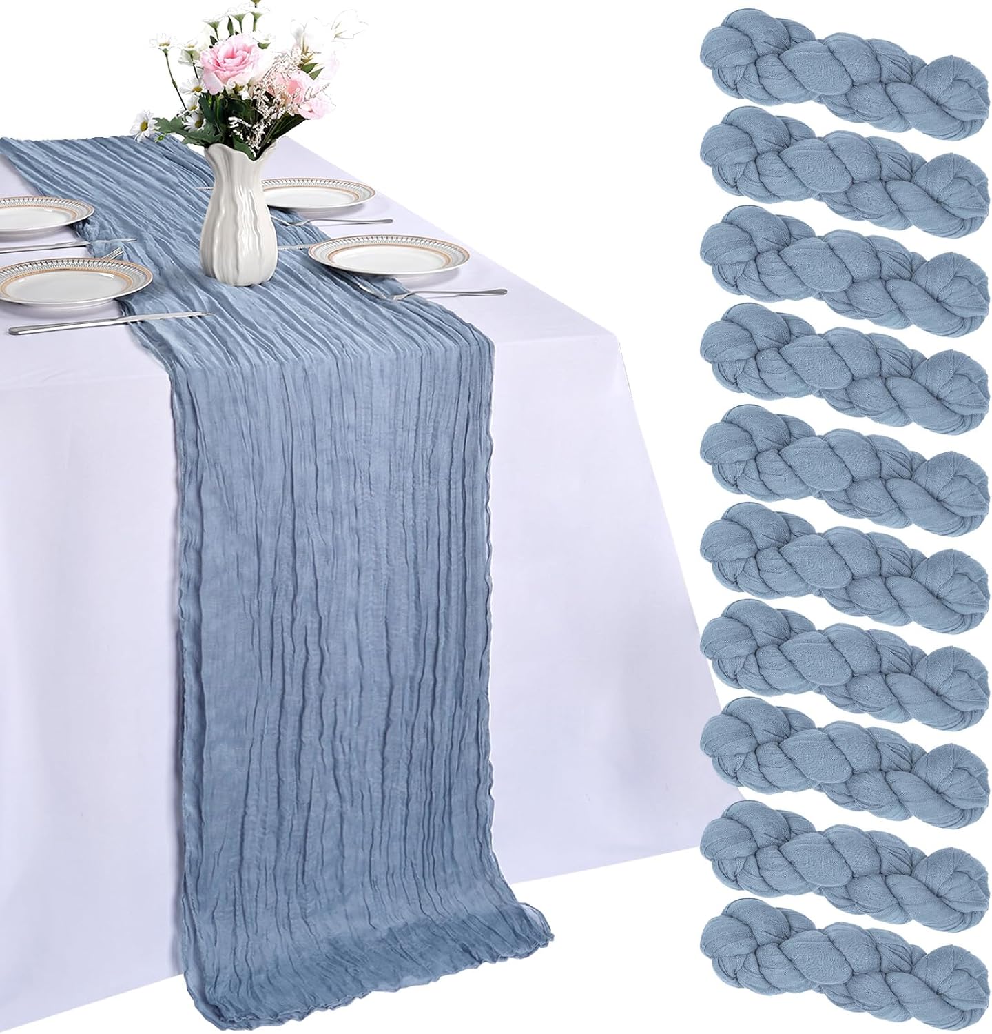 10 Pack Of Dusty Blue Cheesecloth 10ft Table Runners.
