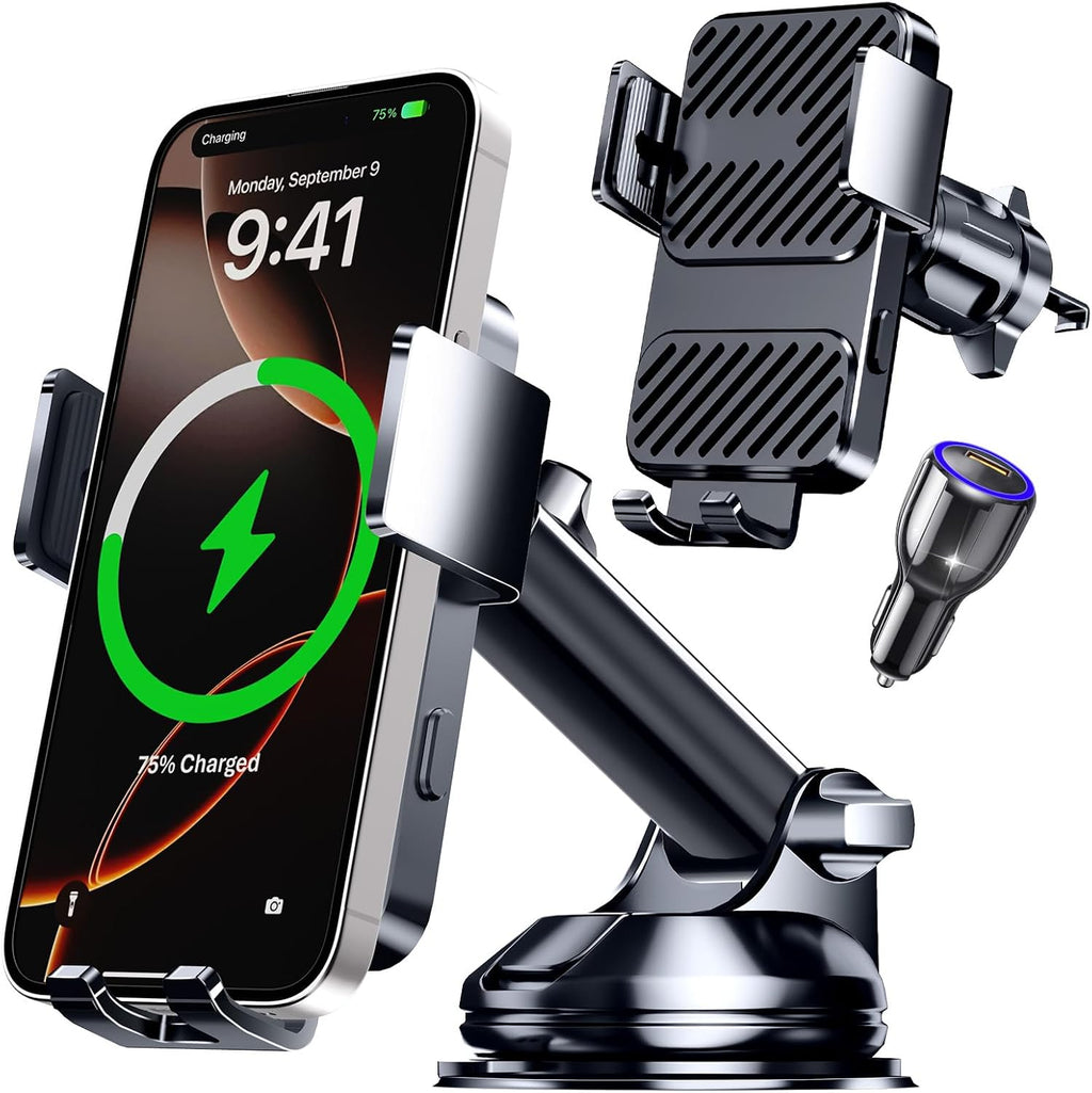 Guceful 3 in 1 Wireless Car Charger, Phone Holders for Your Car 15W Fast Charging Auto Clamping, Car Phone Mount for iPhone 17 16 15 14 13 Mini Pro Max XR, Samsung Galaxy S25 Ultra S24 S23 S22 S21