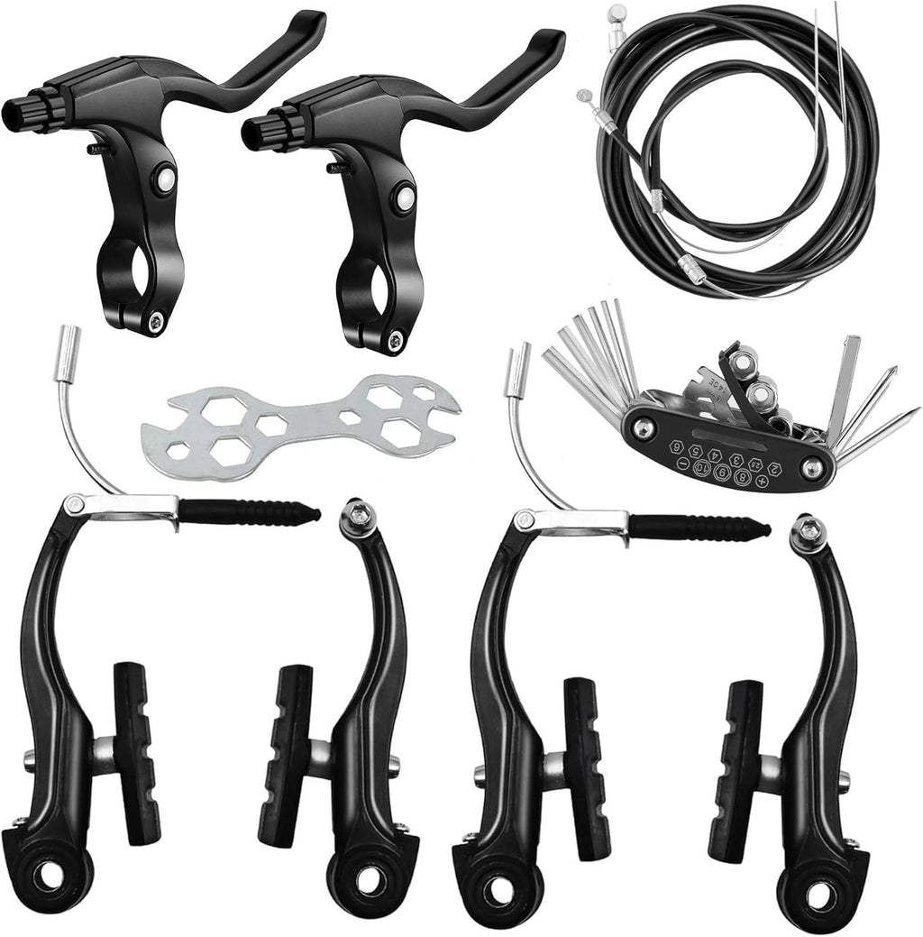 Qcdou Bike Brakes Set, V-Type Bicycle Brakes, Universal Front and Rear Bicycle Brakes, Bike Tools Set Includes Inner and Outer Callipers Cables Lever Kit, Multi-Tool Wrenches(Black)