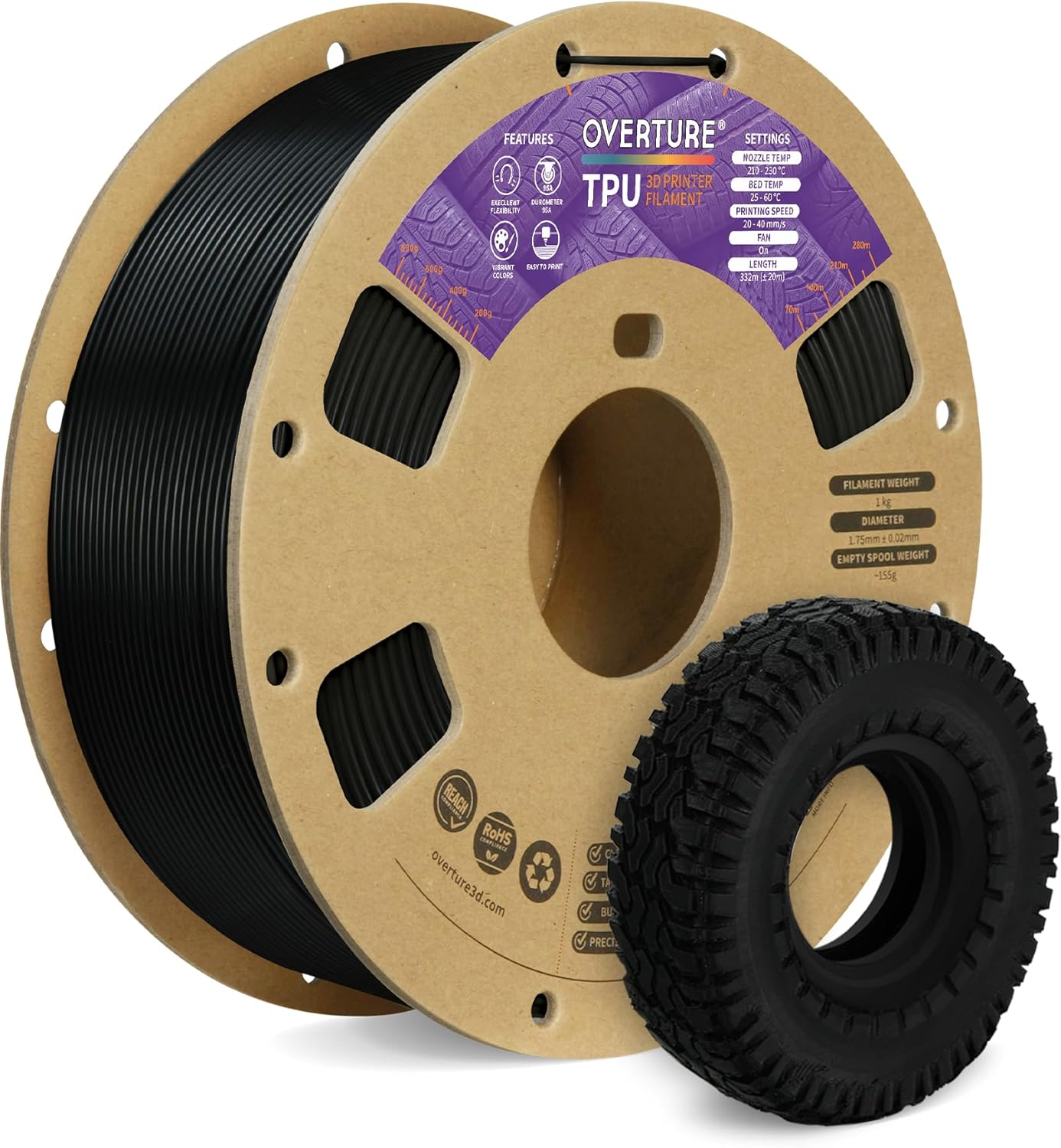 OVERTURE TPU Filament 1.75mm Flexible Roll, 95A Soft 3D Printer Filament