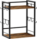 2 Tier Coffee Bar Accessories and Organizer,Multi-functional Mug Holder with 12 Hooks,Wood Coffee Station Organizer,Kitchen Countertop Shelf (Rustic Brown)