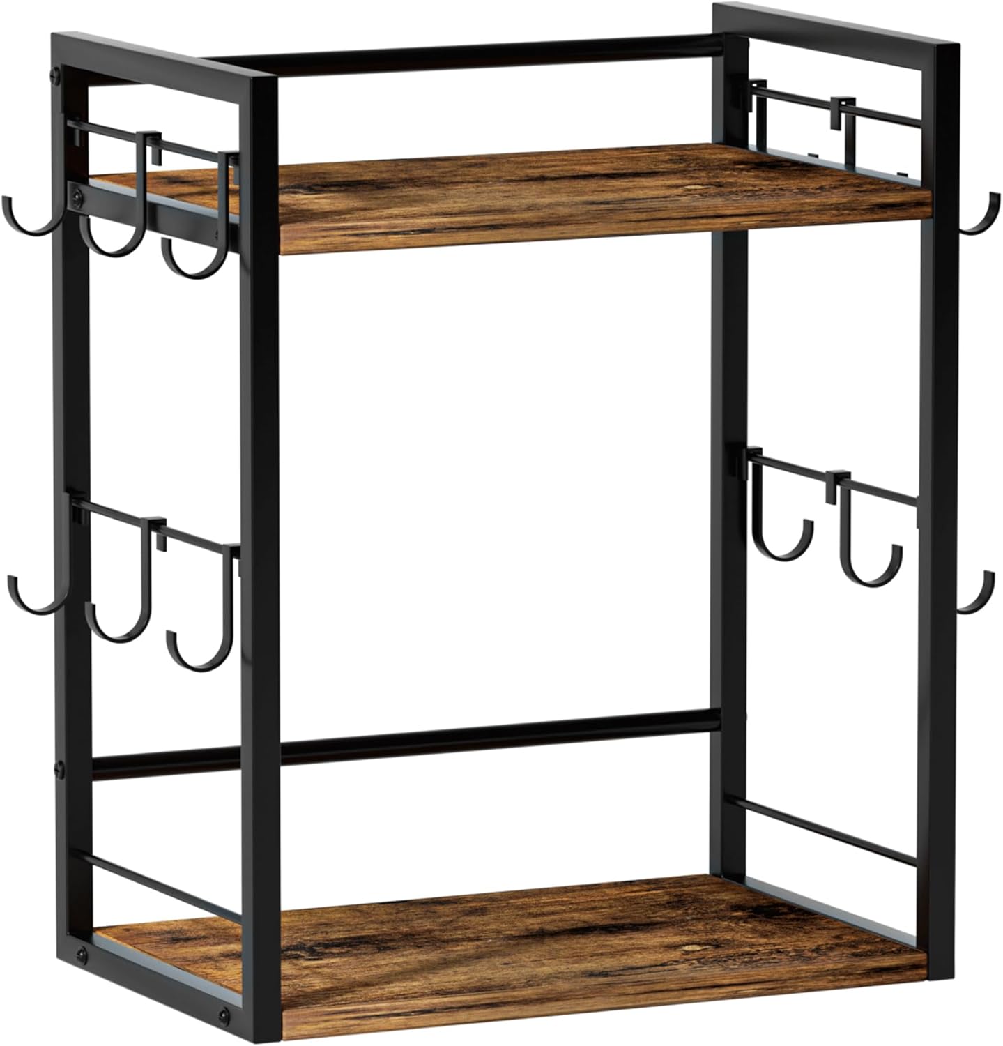 2 Tier Coffee Bar Accessories and Organizer,Multi-functional Mug Holder with 12 Hooks,Wood Coffee Station Organizer,Kitchen Countertop Shelf (Rustic Brown)