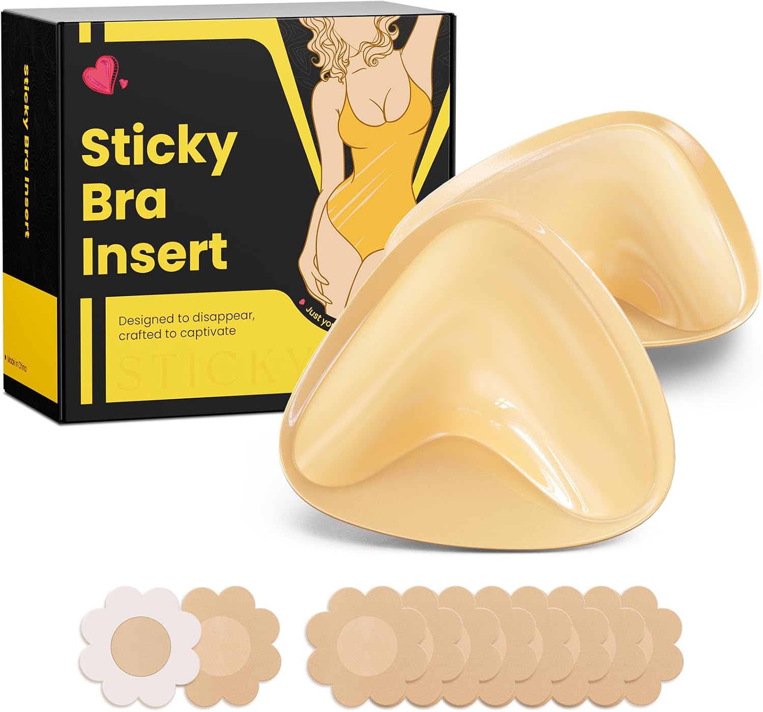 DesirTop Double Sided Sticky Bra Push Up, Invisible Bra Pad Inserts for Large Breasts, Adhesive Bra for Bikini Swimsuit (Beige, Large)