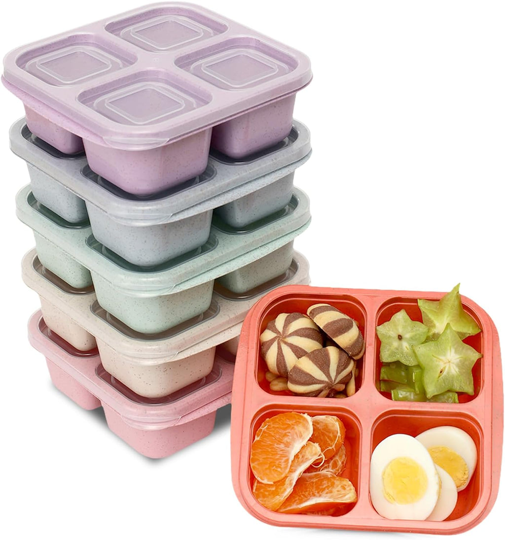 BE OVER QUALITY 6 Pack Snack Containers, 4 Compartment Snack Box Containers Bento Box, Reusable Meal Prep Lunch Containers for Adults Kids Toddler, Divided Food Containers for Travel Work School