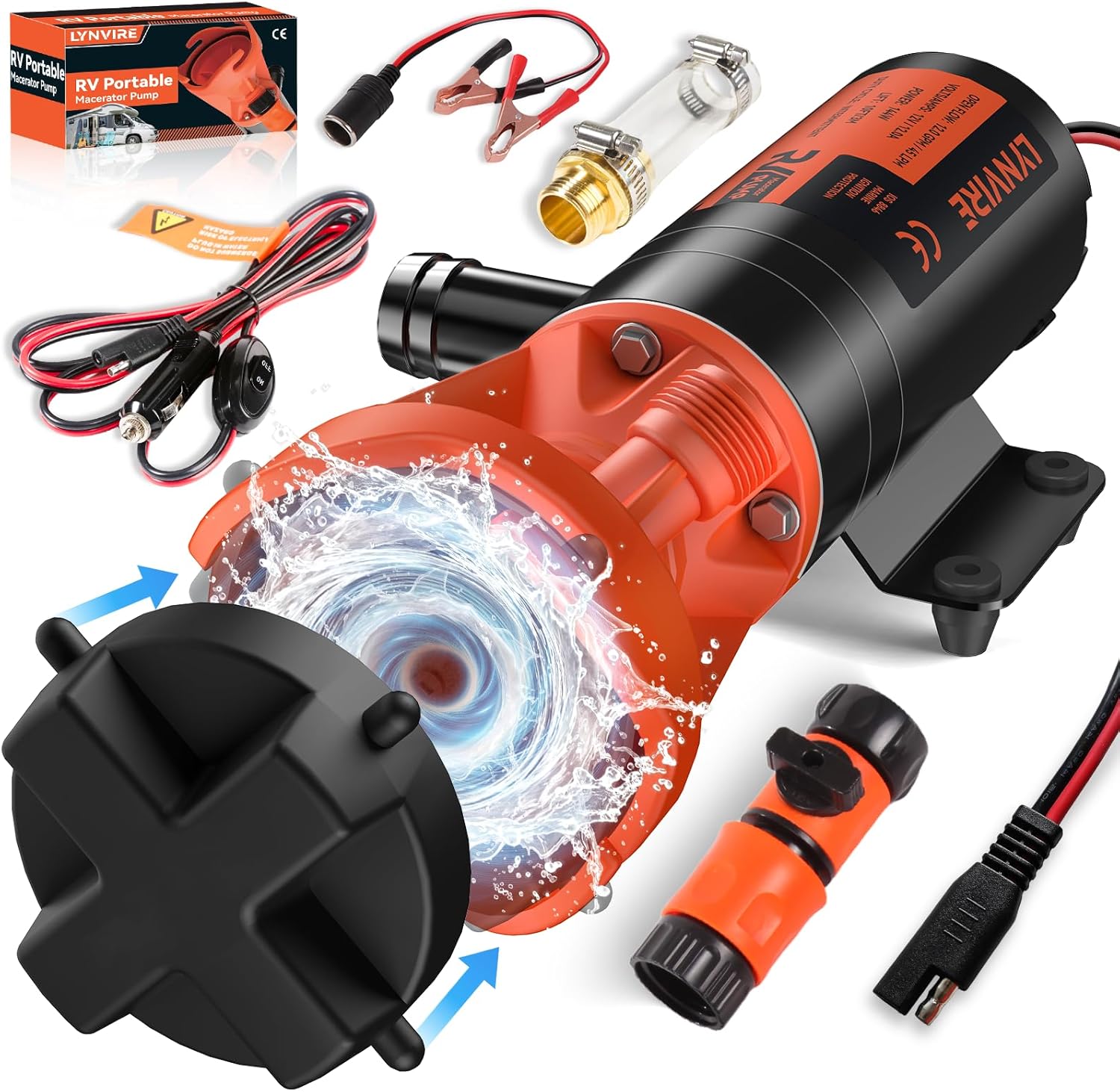 RV Macerator Pump 12V,Portable Macerator Waste Pump,12GPM Suction 3.2 feet Lift 10 feet with Garden Hose Discharge Port,Quick Release Sewage Pump with Fresh Water Rinse and Manual Crushing Function.