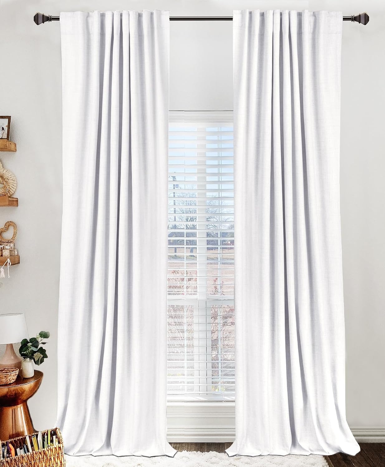 100% Blackout Shield Linen Blackout Curtains for Bedroom 84 Inches Long, Back Tab/Rod Pocket Living Room Drapes, Thermal Insulated Blackout Curtains 2 Panels Set, 50" W x 84" L, Bright White