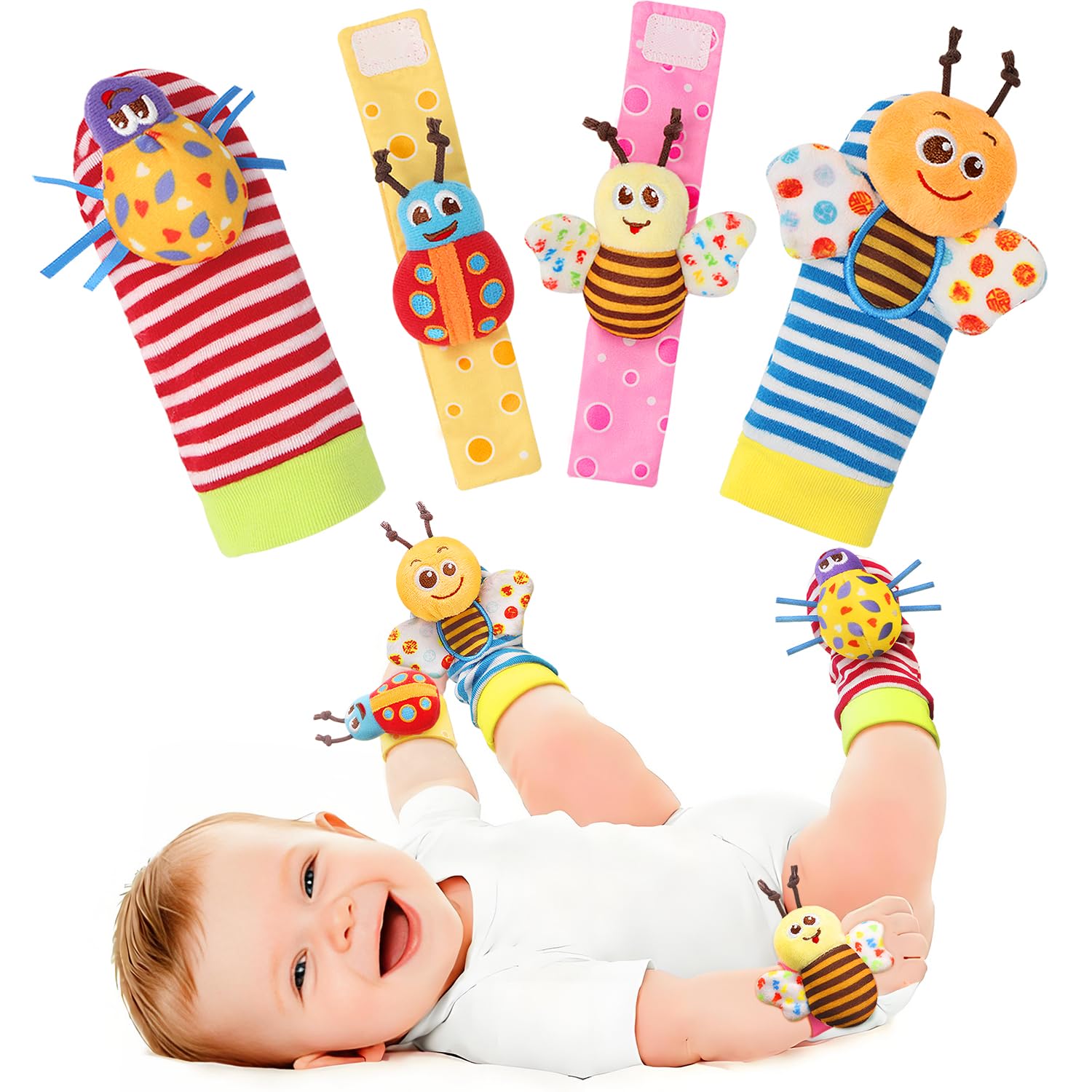 Bloobloomax Wrist Rattle Socks and Foot Finder Set, Infant Girl Boy Toys for Babies 0-36 months