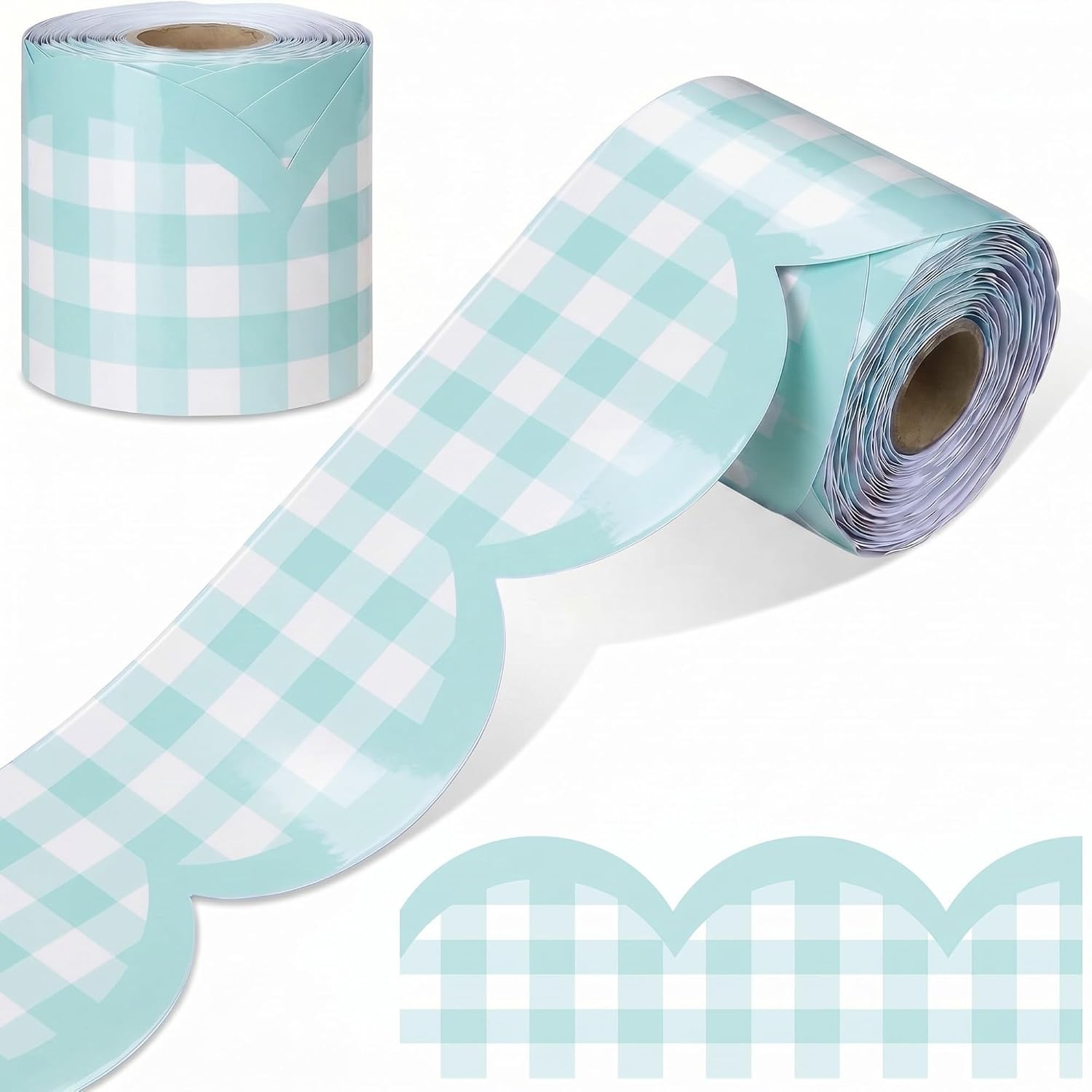 Zonon Green 65ft Pastel Gingham Bulletin Board Border Scalloped Bulletin Board Trim Back to School Classrooms Decoration for Party Whiteboard, Walls, Desks, Windows, Doors, Lockers (3 Inches)