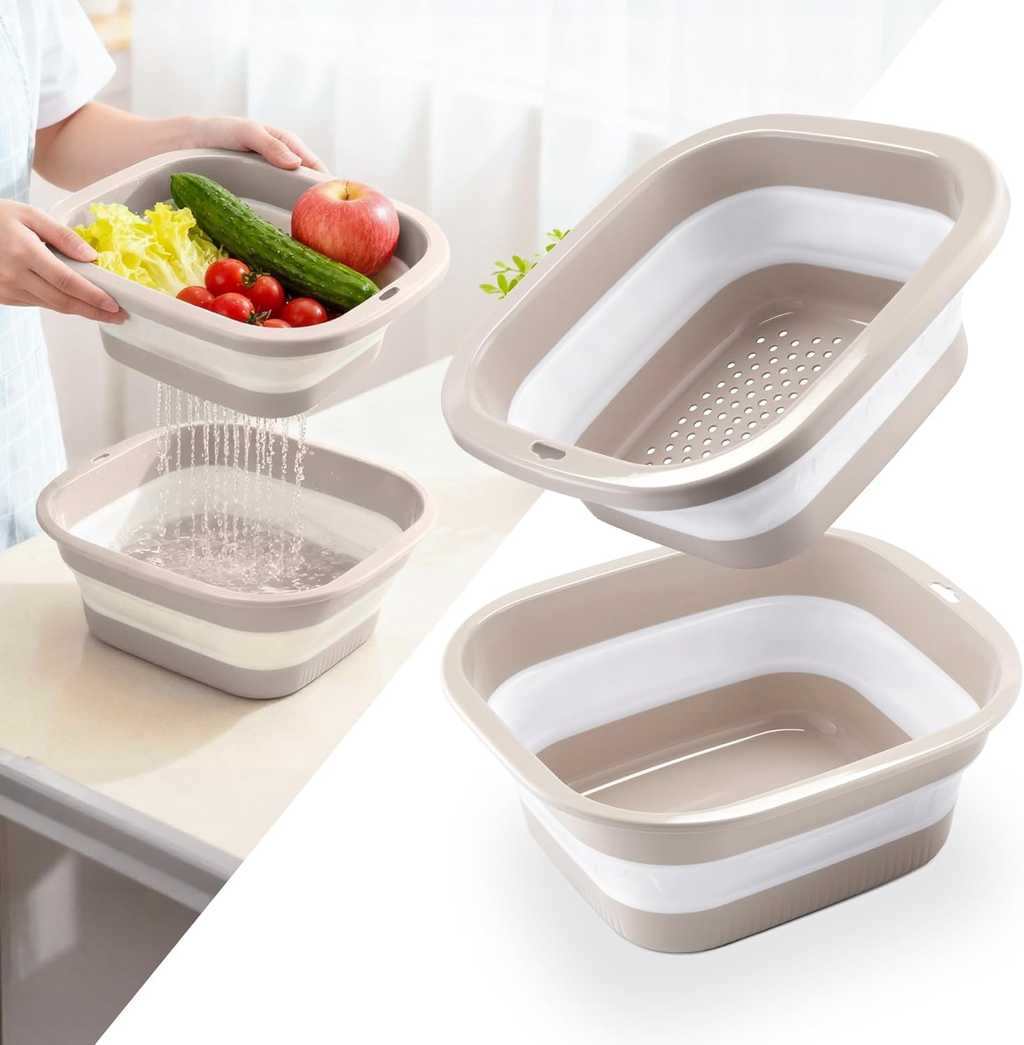 SINGARO 1.5 Gal (5.5L) Collapsible Dish Basin with Drain Basket Colanders, Multiuse Double-Layer Foldable Strainers Sink Tub, Collapsible Wash Basin Pan, Plastic Tubs, Dishpan, Kitchen Sink, Green