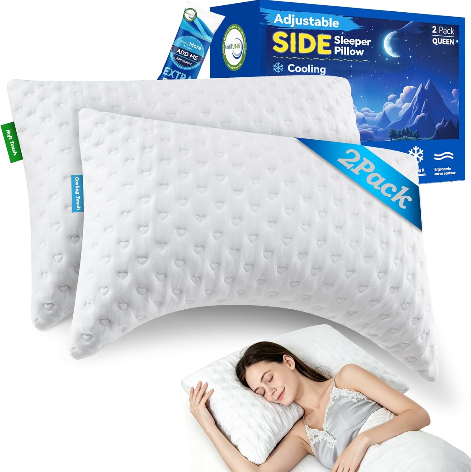 Memory Foam Cooling Curved Queen Size Pillow Set of 2