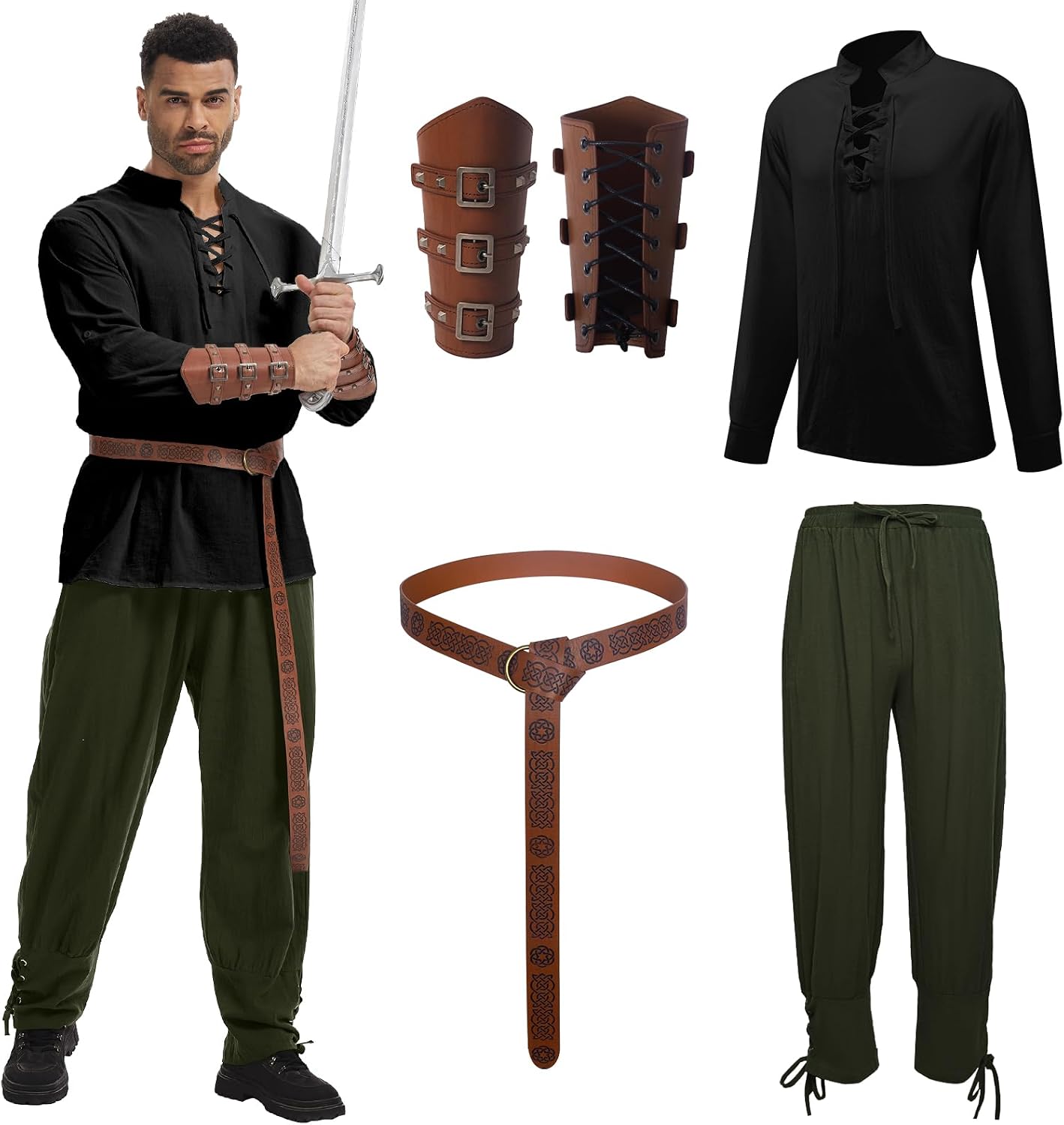 rumnigh 4 Pcs Men's Renaissance Costume Set Medieval Pirate Costume men Shirt and Pants Viking Costume Accessory(Elegant Color, Large)