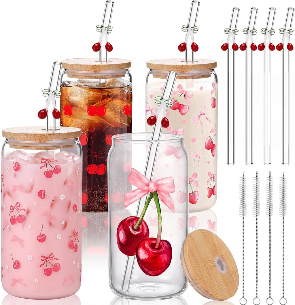 Yetene 4 Set 16 oz Coquette Bows Glass Cups with Lids and Bows Straws Cleaning Brushes Aesthetic Iced Coffee Cup Reusable Mug for Women Sister Birthday Gift Not Dishwasher Safe(Pink,Cherry)
