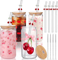 Yetene 4 Set 16 oz Coquette Bows Glass Cups with Lids and Bows Straws Cleaning Brushes Aesthetic Iced Coffee Cup Reusable Mug for Women Sister Birthday Gift Not Dishwasher Safe(Pink,Cherry)