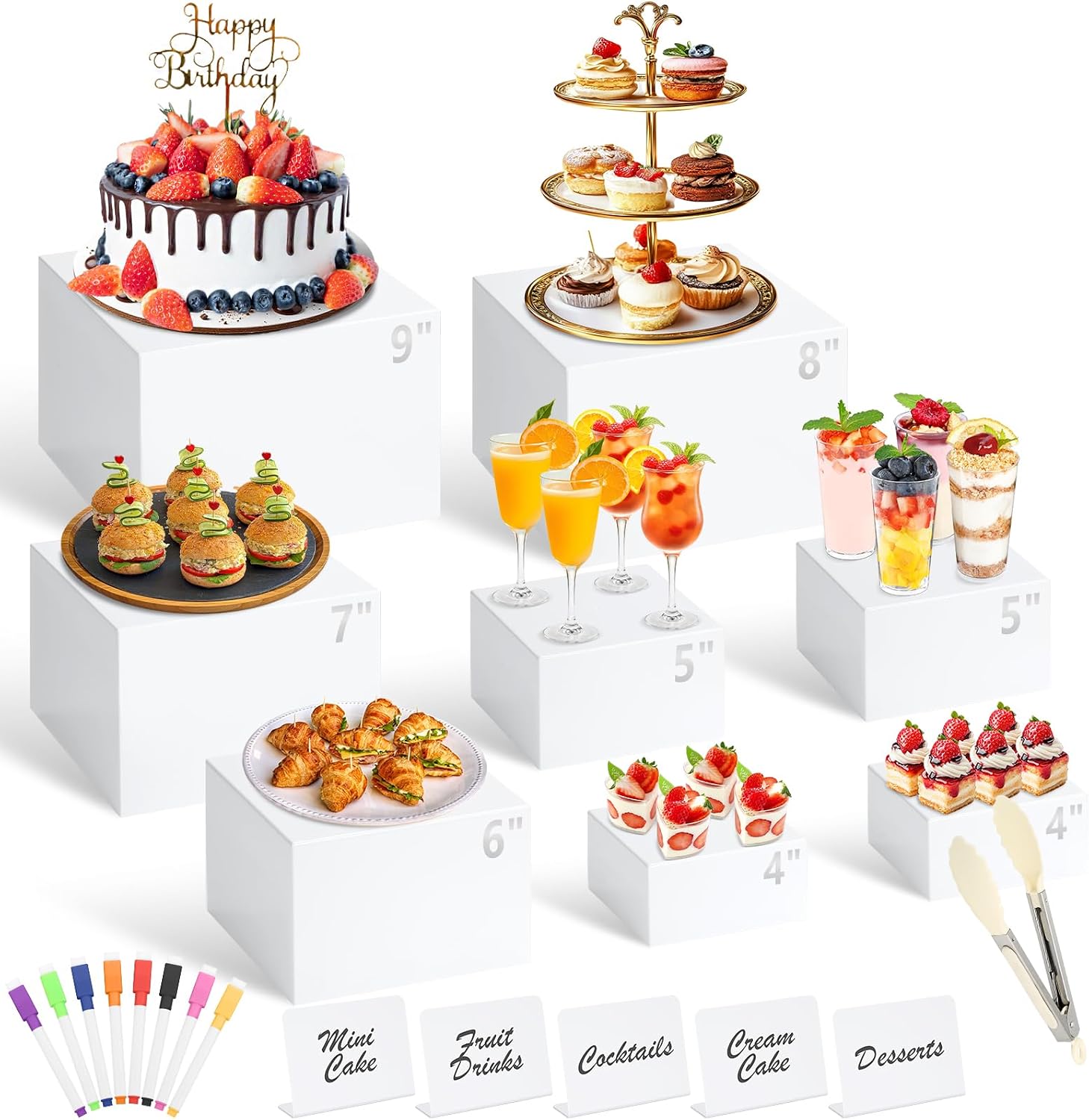 8 Pcs White Buffet Risers with Mini Table Sign