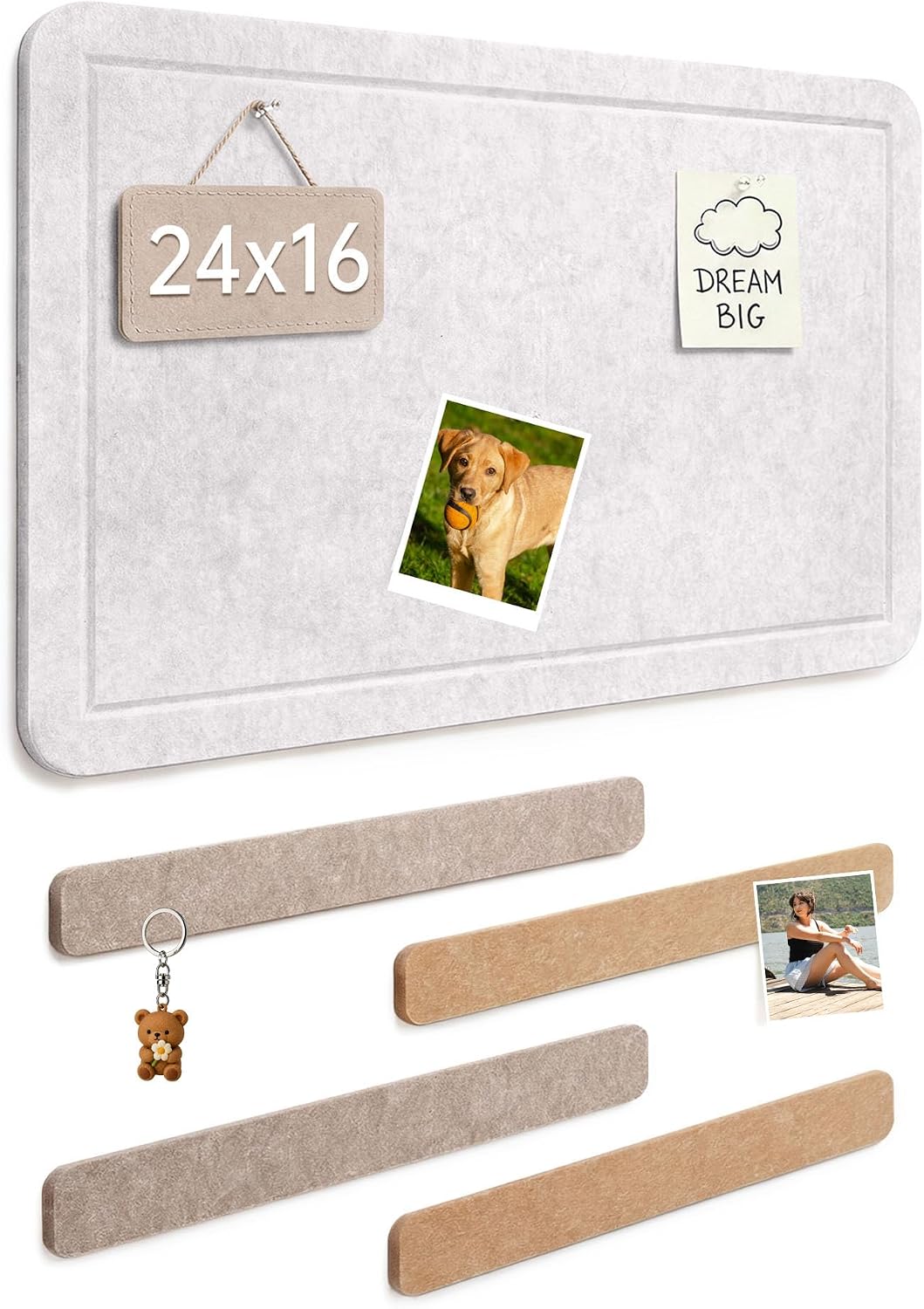 Small Felt Bulletin Board and 4 pcs Bar Strips Set, 24"X16" Cork Board Alternative with Removable Adhesive Tabs, 30 Push Pins for Office, Classroom, Bedroom, Walls Decorations - Oatmeal