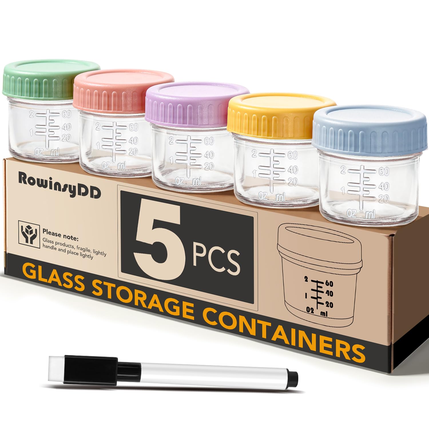 5 Pack Glass Baby Food Storage Containers.