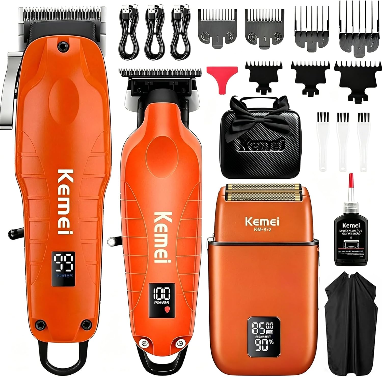 KEMEI 2293 Professional Hair Clippers for Men, T-Blade Zero Gapped Beard Trimmer with LED Display, Powerful Cordless Rechargeable Barber Kit with Barber Cape, 180 Mins Runtime