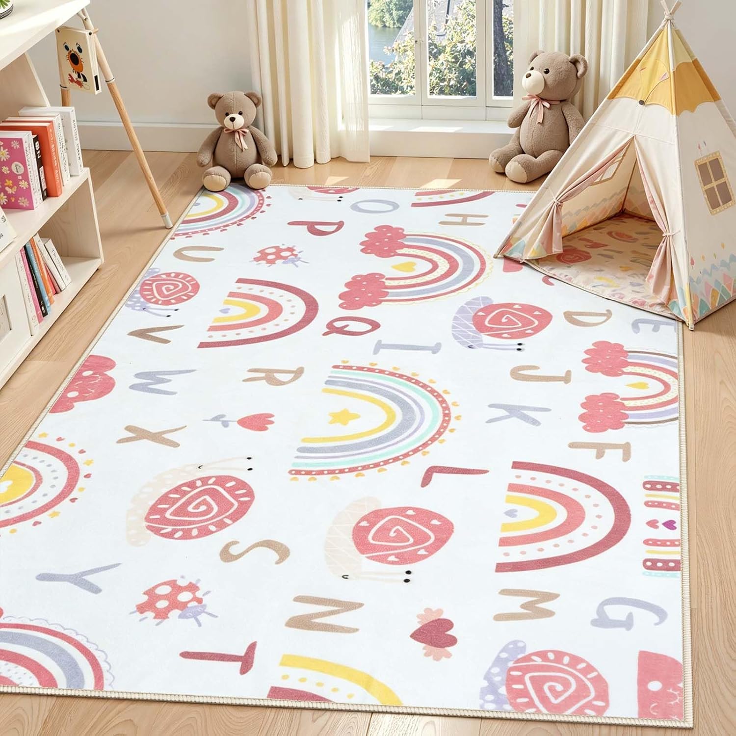 LIVEBOX Rainbow Kids Playroom Rug 5x7, Pink ABC Nursery Rug for Girls.