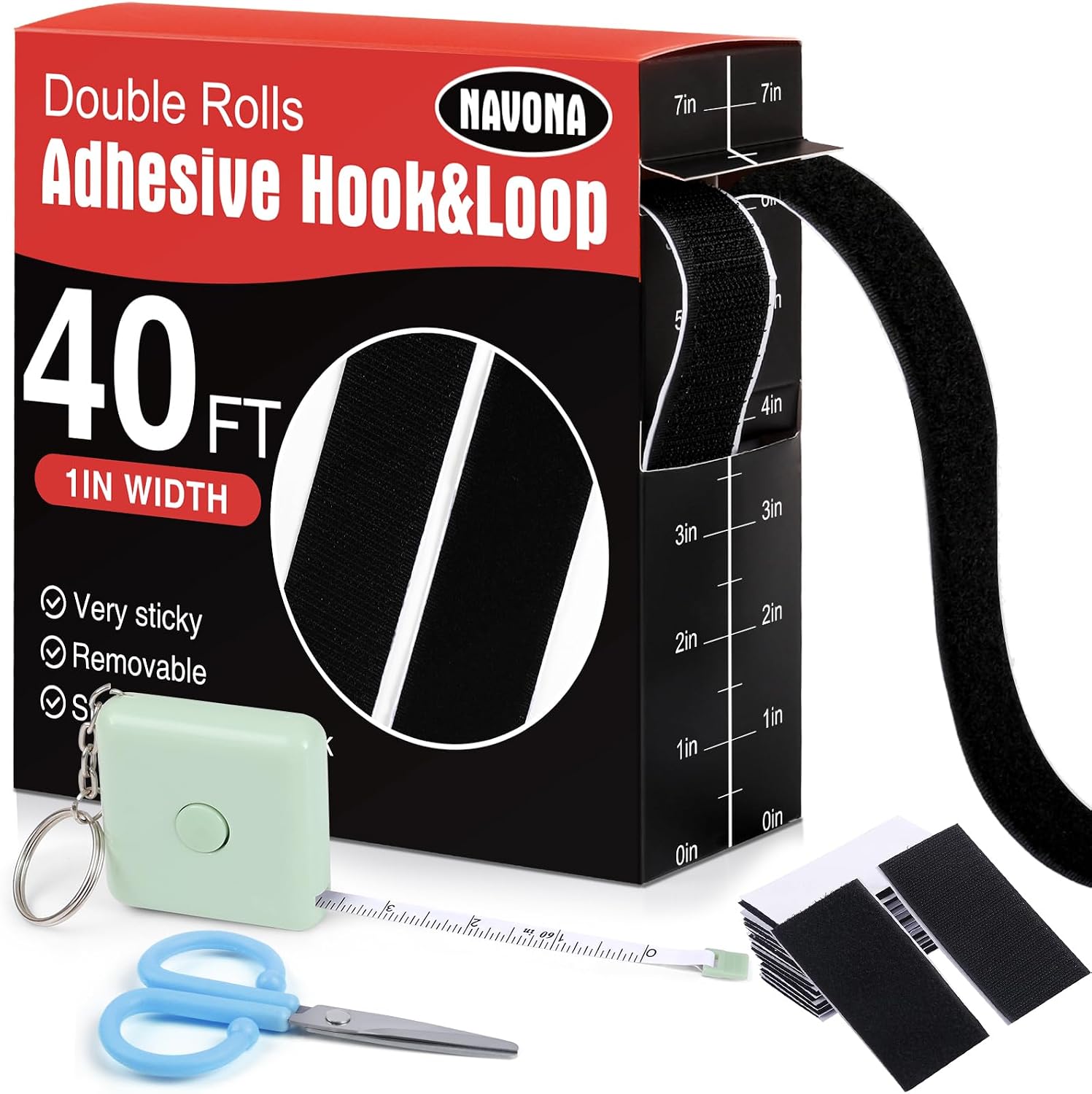 Navona 40Ft x 1Inch Hook and Loop Strips with Adhesive