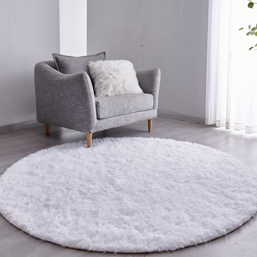 FJZFING White Round Rug Ultra-Soft Plush Modern 4x4 Circle Area Rug for Kid's Bedroom, Fluffy Shag Circular Rug for Nursery Room, Non-Slip Home Decor Cute White Carpet for Teen's Room