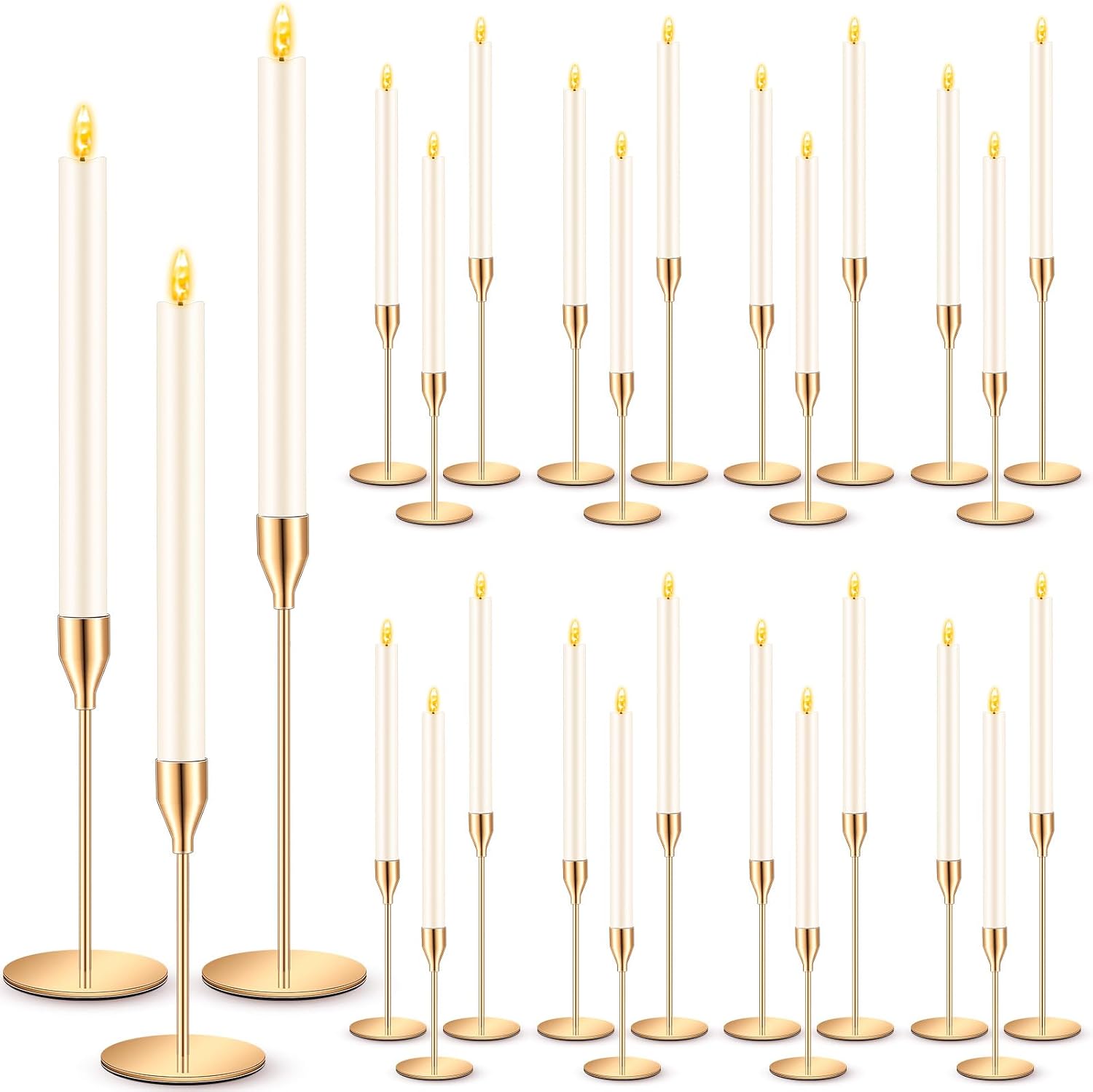 30 Pcs Gold Candlestick Holders with Flameless LED Candles Bulk Includes 15 Metal Candle Holders 15 Ivory Battery Operated Taper Candles for Wedding Valentines Table Centerpieces Home Decor