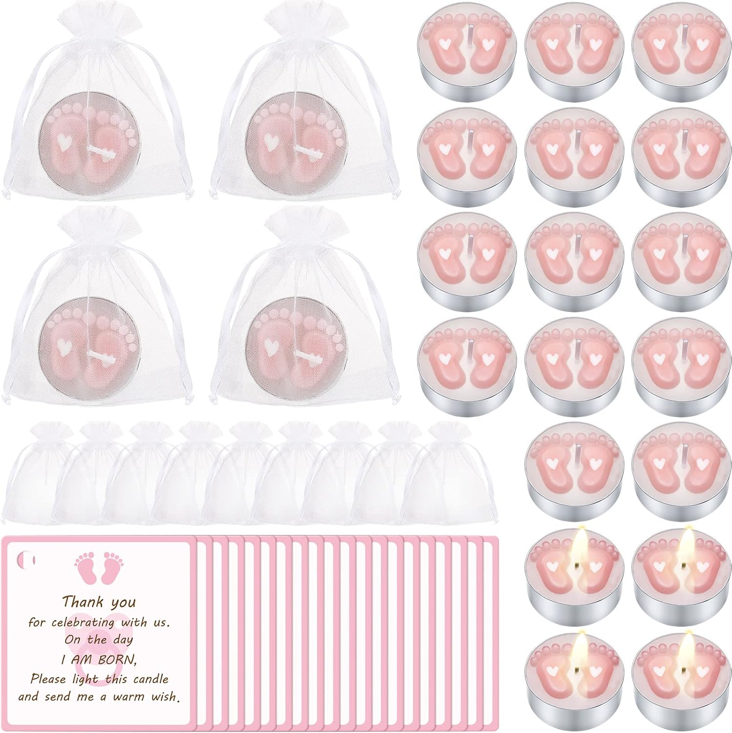 20 Sets Baby Shower Party Favors Pink Tea Lights Candles with Organza Bag for Guests Cute Feet Shaped Burning Thank You Tags Return Gifts Keepsakes for Baby Shower Gender Reveal Party